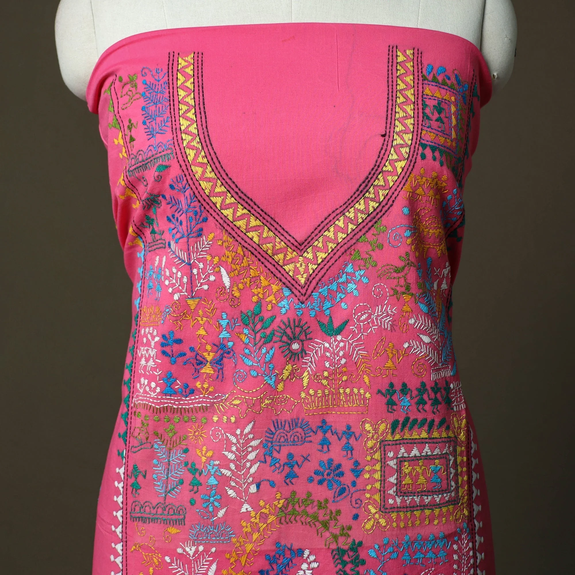 Pink - Bengal Kantha Hand Embroidered Cotton Unstitched Kurta Material (2.7M) 16 - Image 3