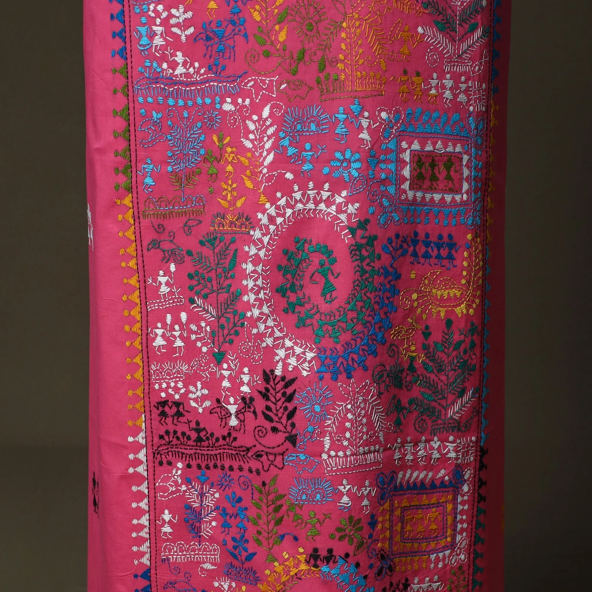 Pink - Bengal Kantha Hand Embroidered Cotton Unstitched Kurta Material (2.7M) 16 - Image 4