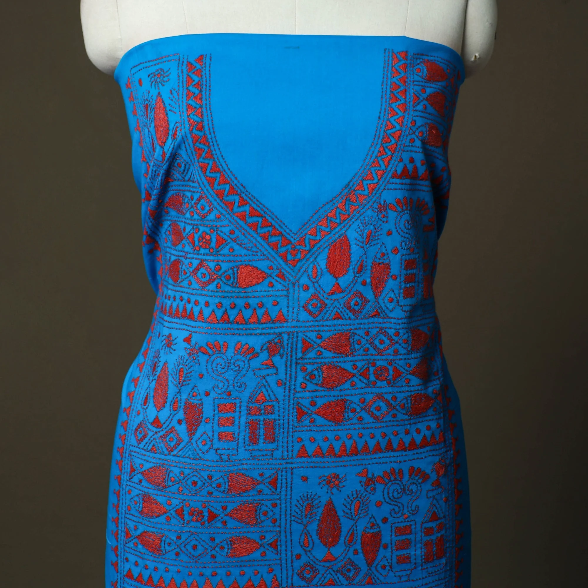 Blue - Bengal Kantha Hand Embroidered Cotton Unstitched Kurta Material (2.7M) 17 - Image 3