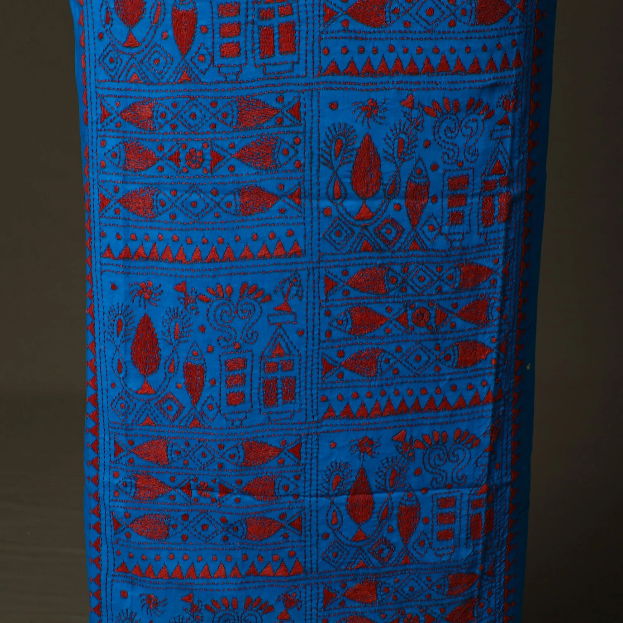Blue - Bengal Kantha Hand Embroidered Cotton Unstitched Kurta Material (2.7M) 17 - Image 4