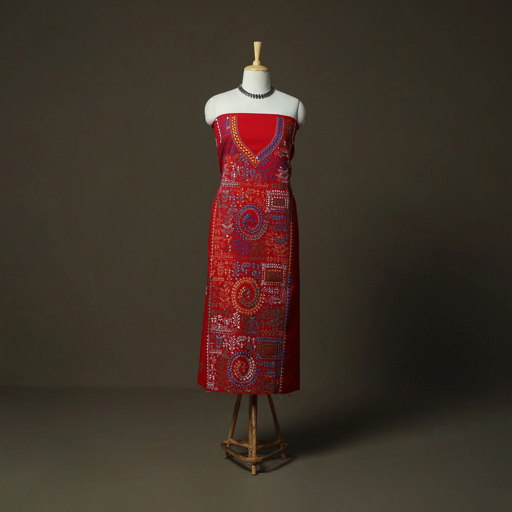 Red - Bengal Kantha Hand Embroidered Cotton Unstitched Kurta Material (2.7M) 22