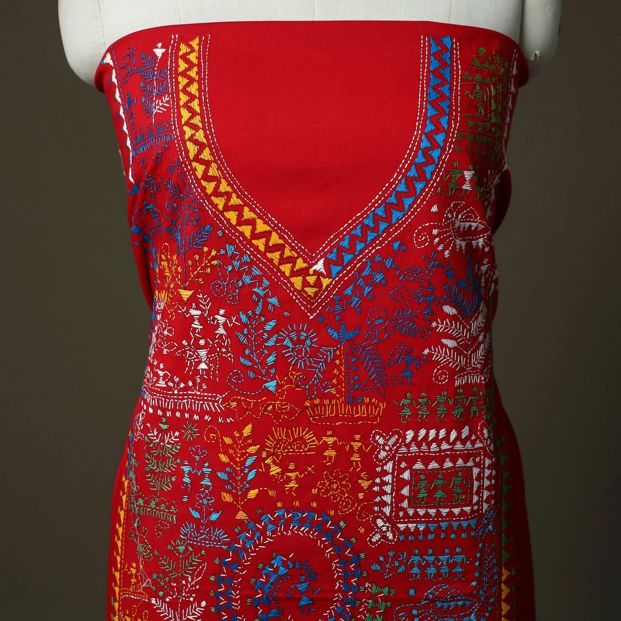 Red - Bengal Kantha Hand Embroidered Cotton Unstitched Kurta Material (2.7M) 22 - Image 3