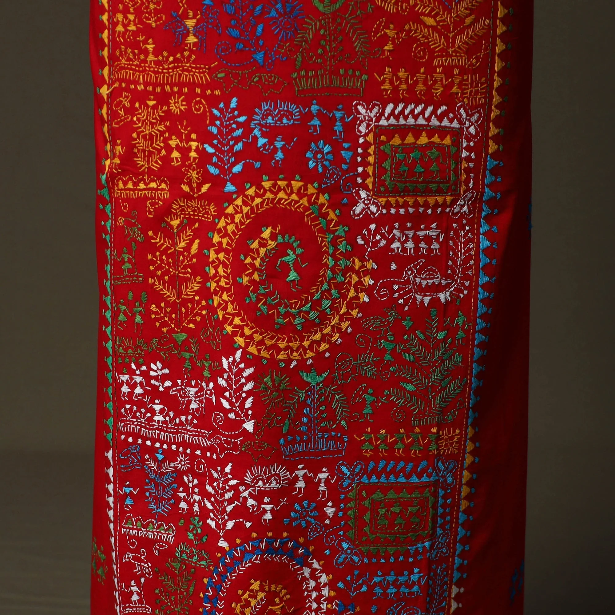 Red - Bengal Kantha Hand Embroidered Cotton Unstitched Kurta Material (2.7M) 22 - Image 4