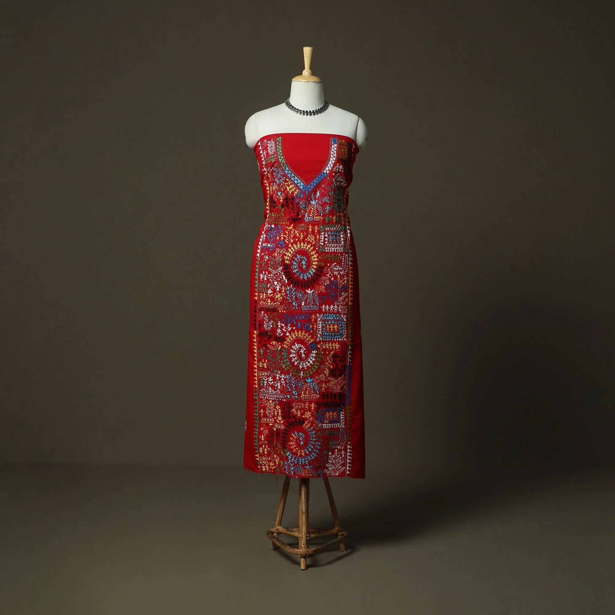 Red - Bengal Kantha Hand Embroidered Cotton Unstitched Kurta Material (2.7M) 23