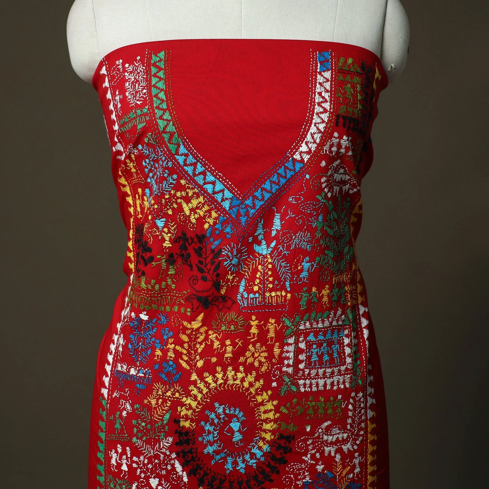 Red - Bengal Kantha Hand Embroidered Cotton Unstitched Kurta Material (2.7M) 23 - Image 3
