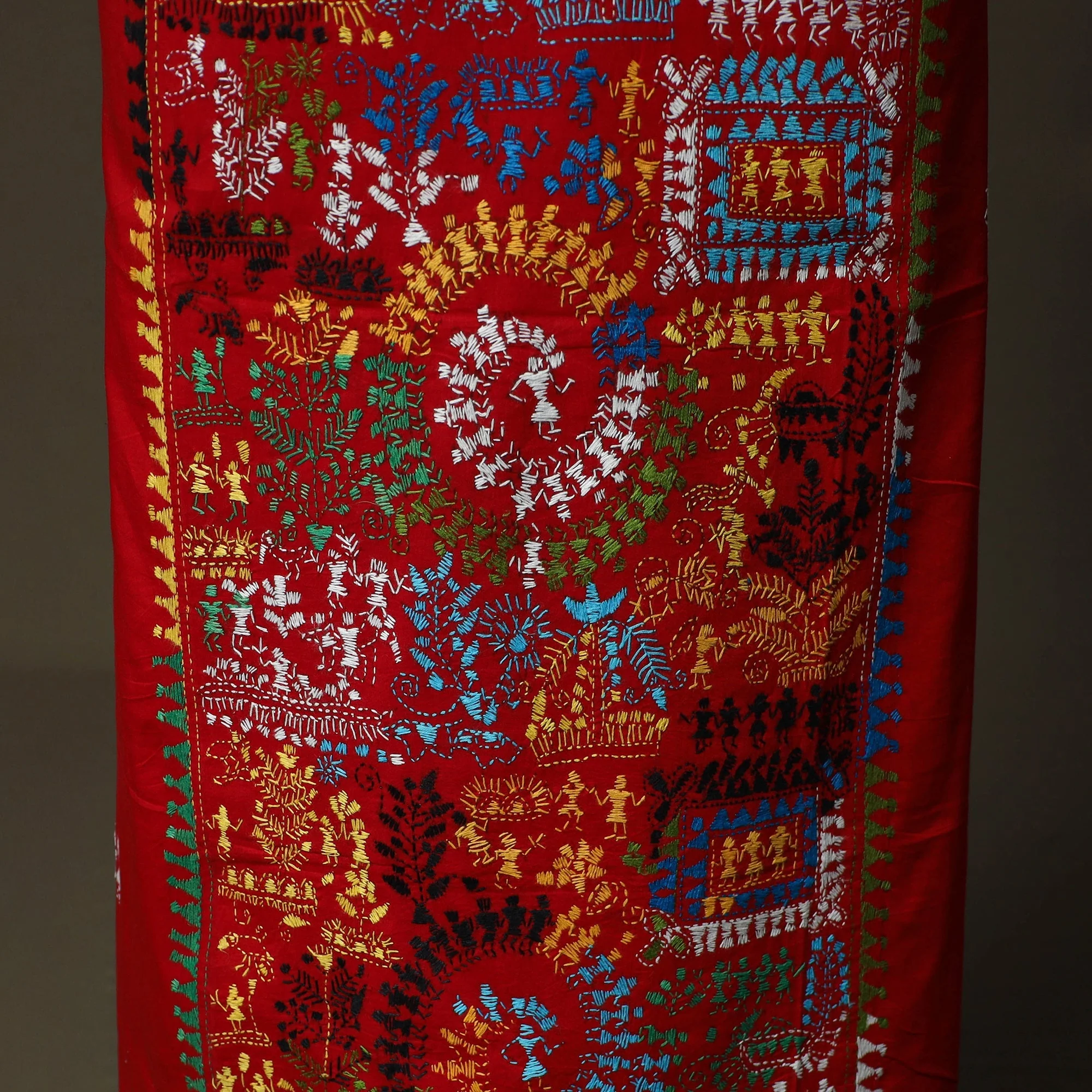 Red - Bengal Kantha Hand Embroidered Cotton Unstitched Kurta Material (2.7M) 23 - Image 4