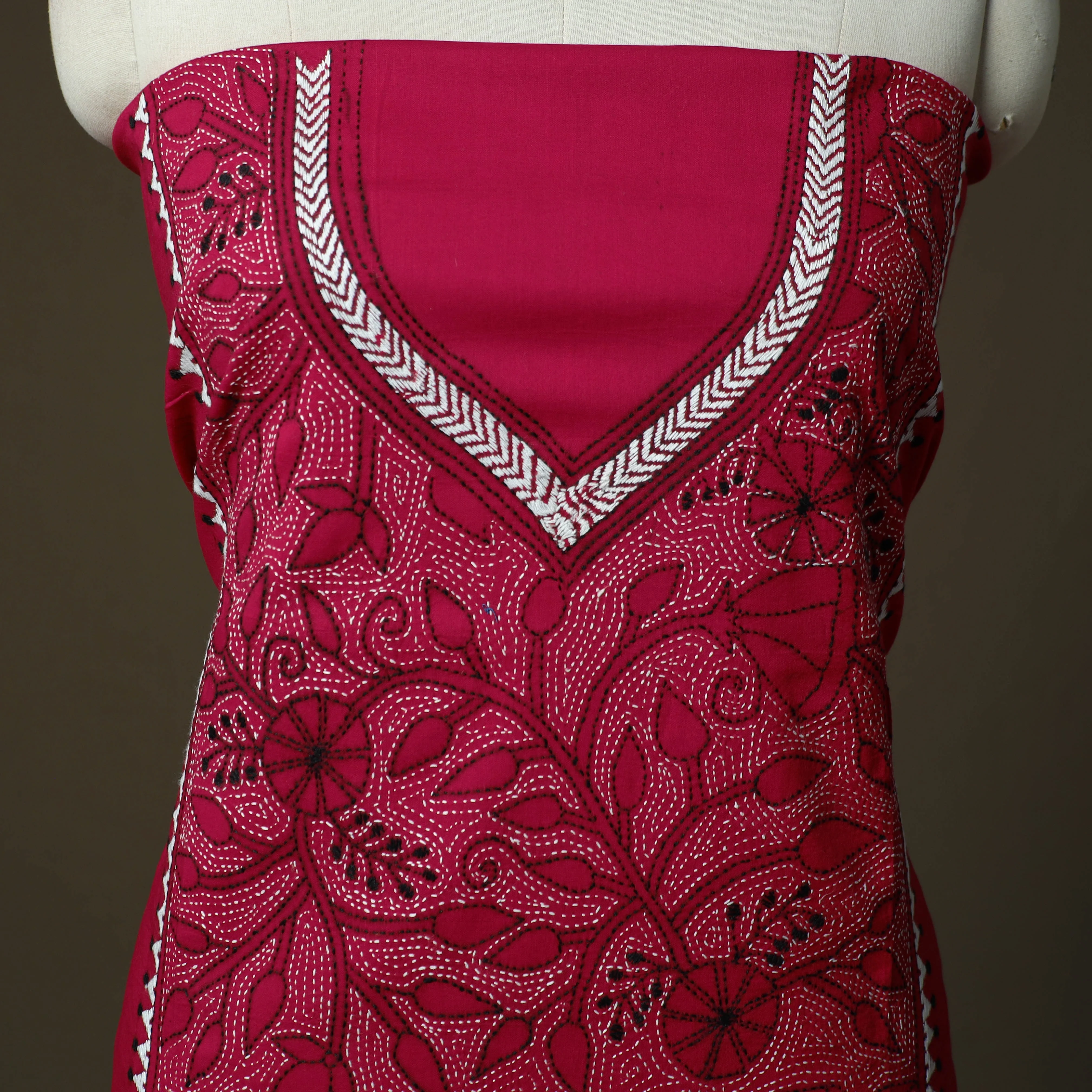 Pink - Bengal Kantha Hand Embroidered Cotton Unstitched Kurta Material (2.85M) 53 - Image 3
