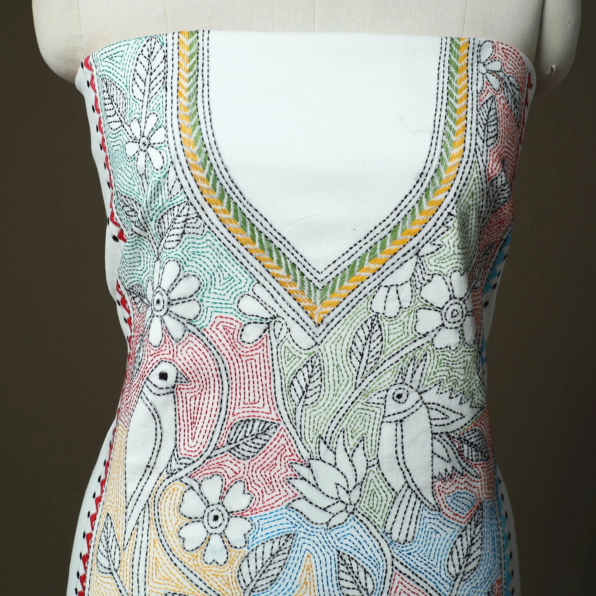 White - Bengal Kantha Hand Embroidered Cotton Unstitched Kurta Material (2.85M) 54 - Image 3