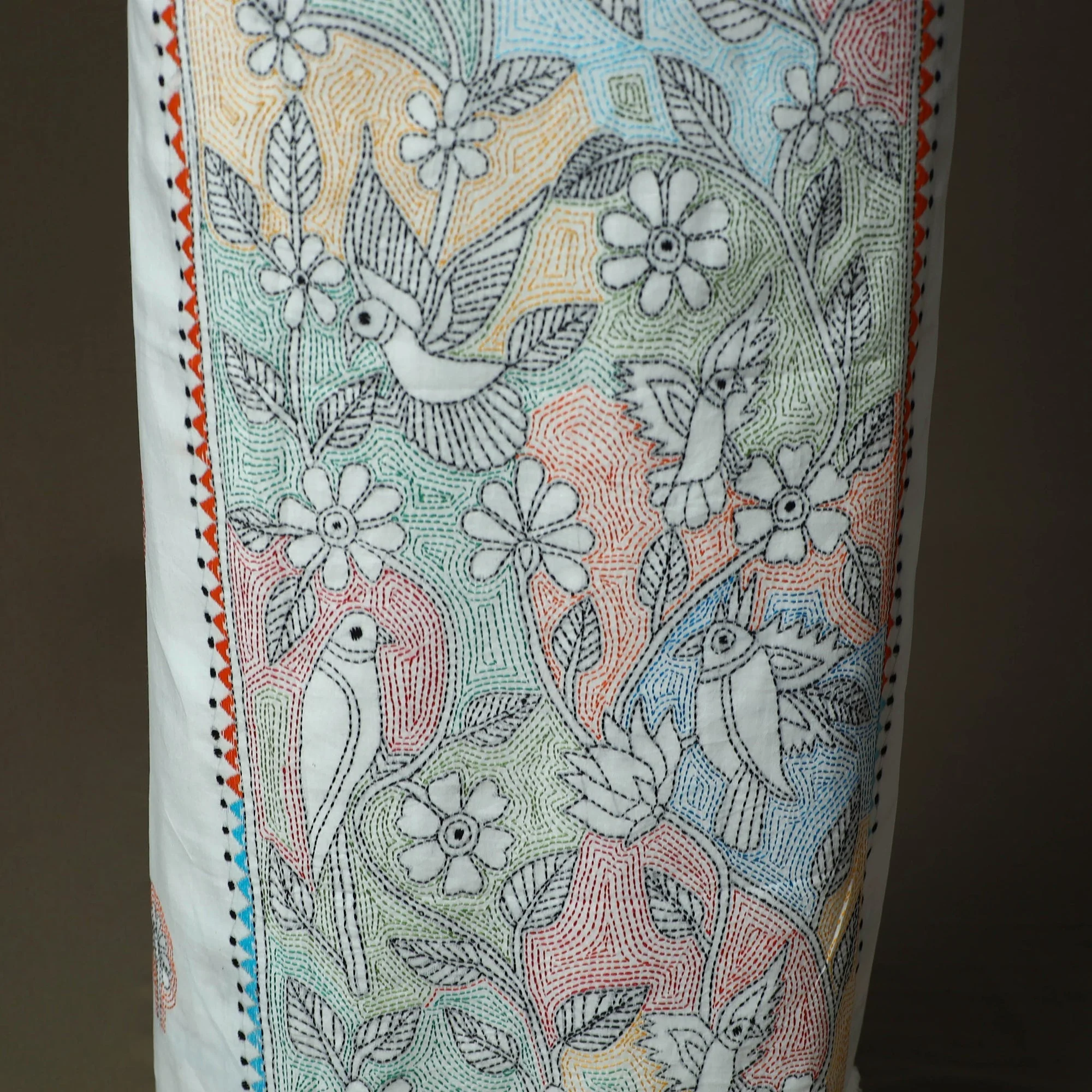 White - Bengal Kantha Hand Embroidered Cotton Unstitched Kurta Material (2.85M) 54 - Image 4