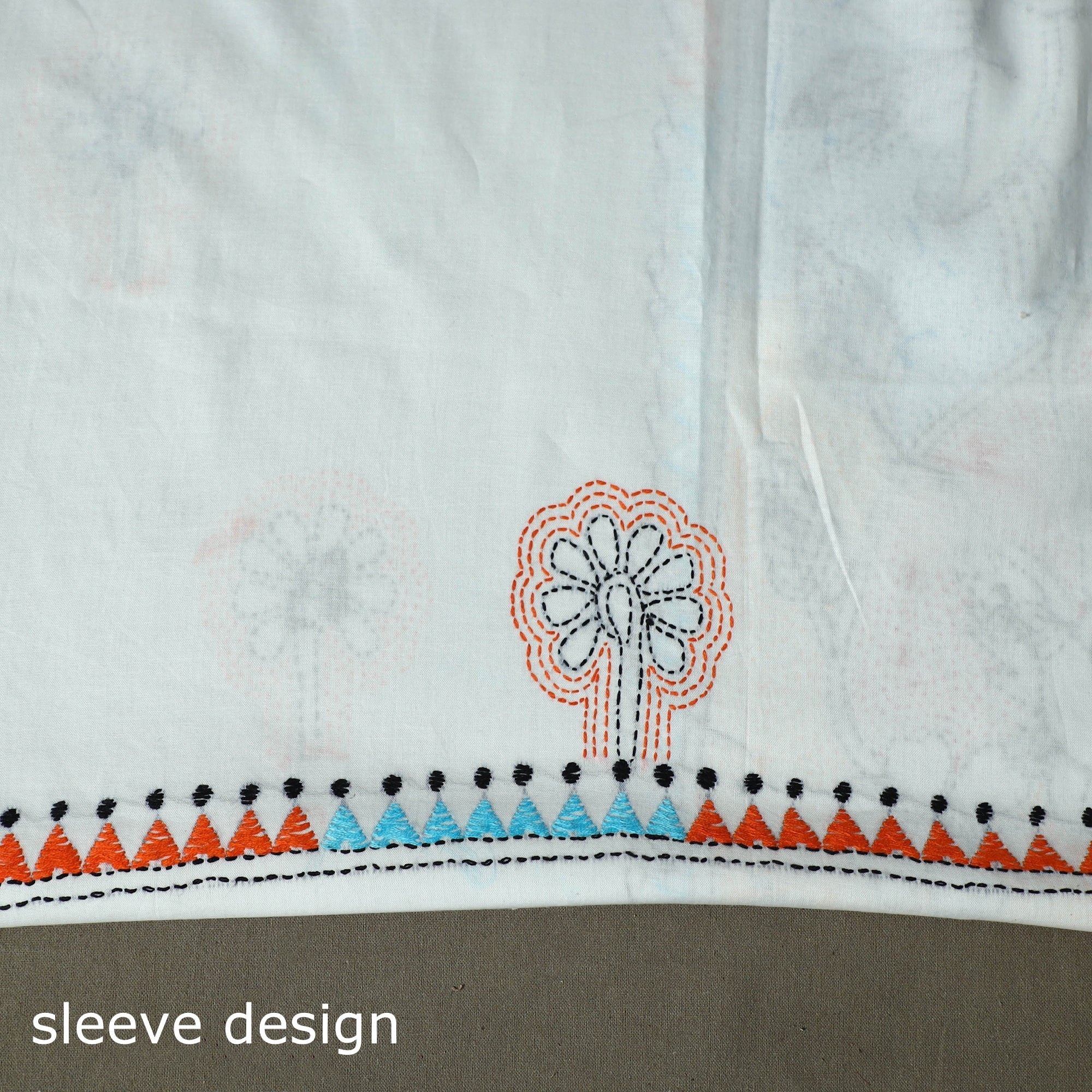 White - Bengal Kantha Hand Embroidered Cotton Unstitched Kurta Material (2.85M) 54 - Image 5