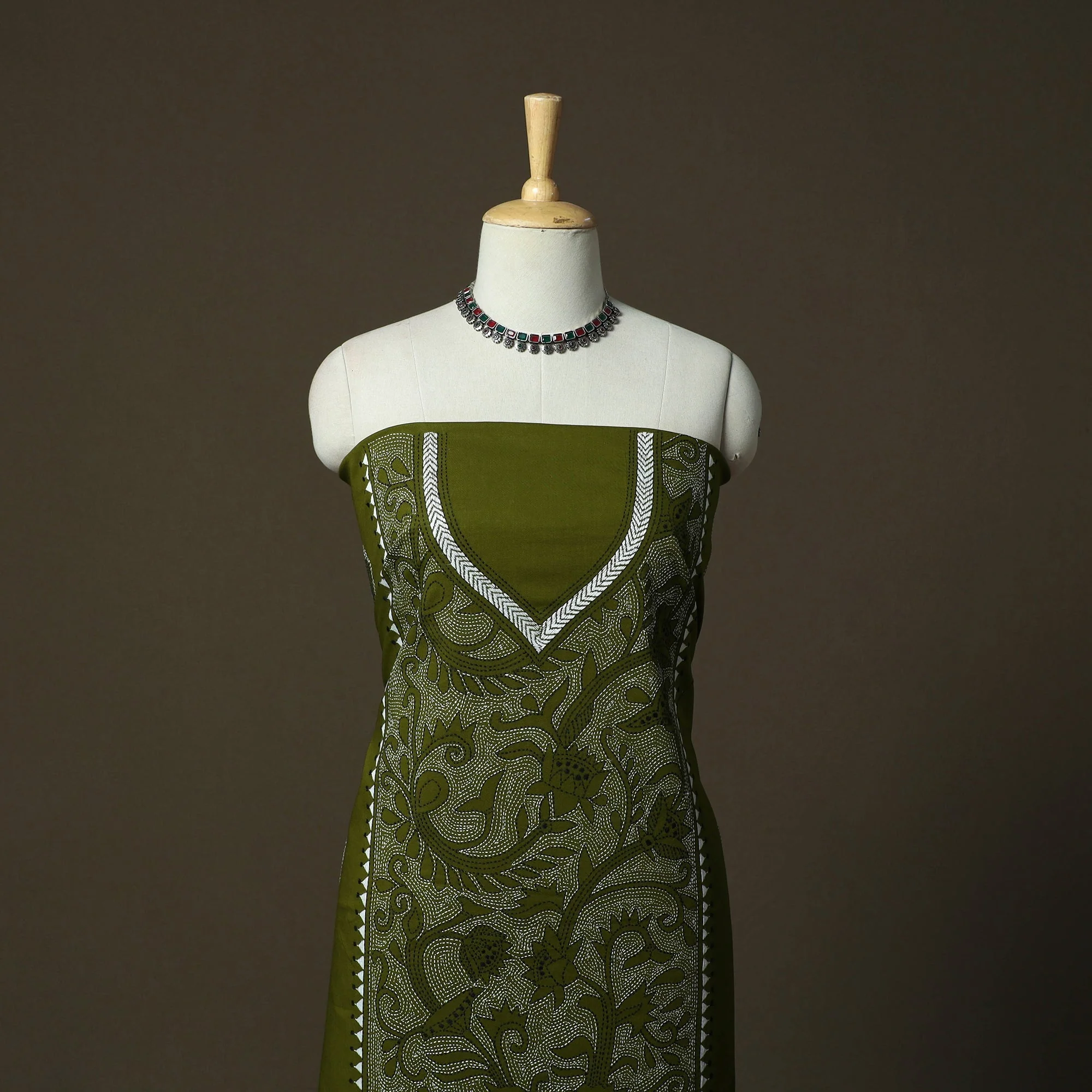 Green - Bengal Kantha Hand Embroidered Cotton Unstitched Kurta Material (2.85M) 56 - Image 2