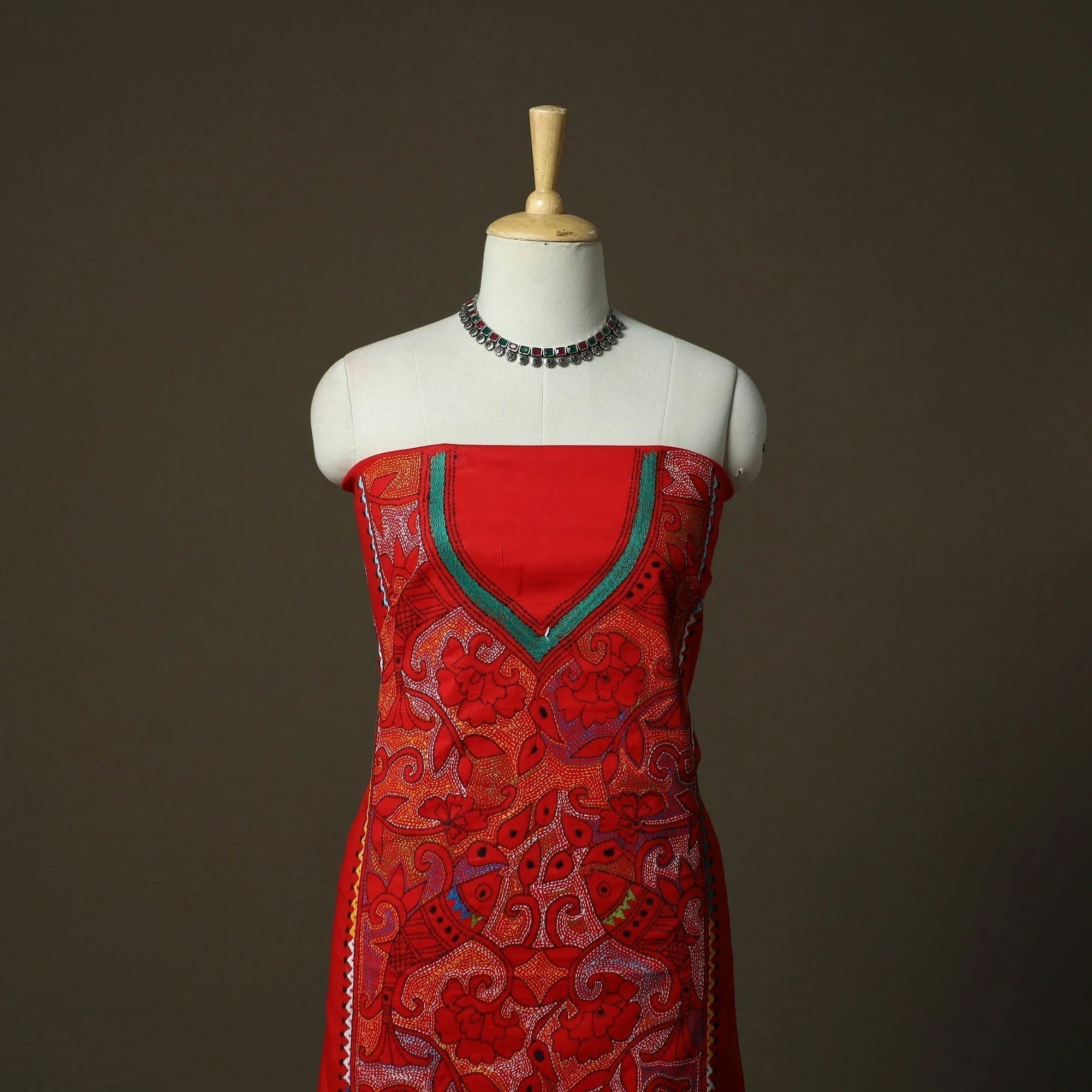 Red - Bengal Kantha Hand Embroidered Cotton Unstitched Kurta Material (2.85M) 57 - Image 2