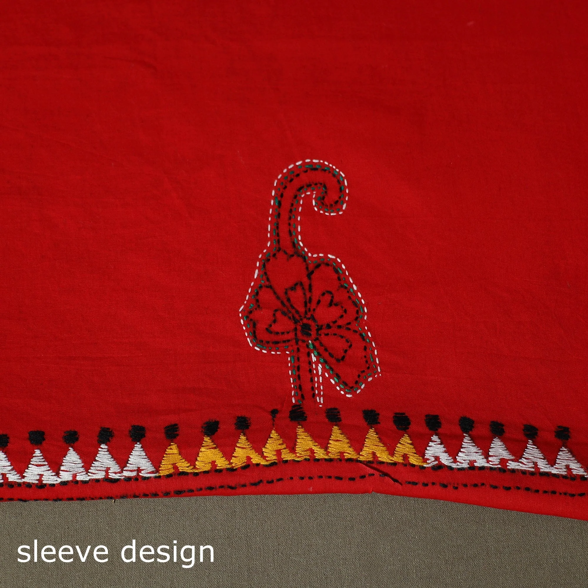 Red - Bengal Kantha Hand Embroidered Cotton Unstitched Kurta Material (2.85M) 57 - Image 5