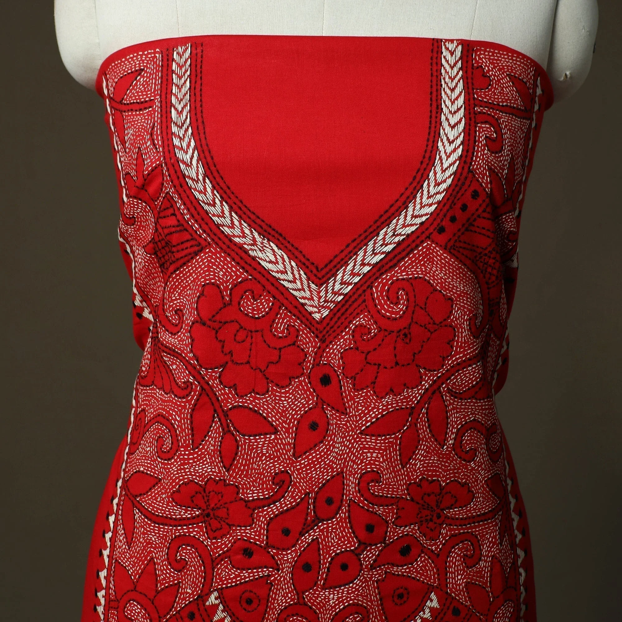 Red - Bengal Kantha Hand Embroidered Cotton Unstitched Kurta Material (2.85M) 58 - Image 3