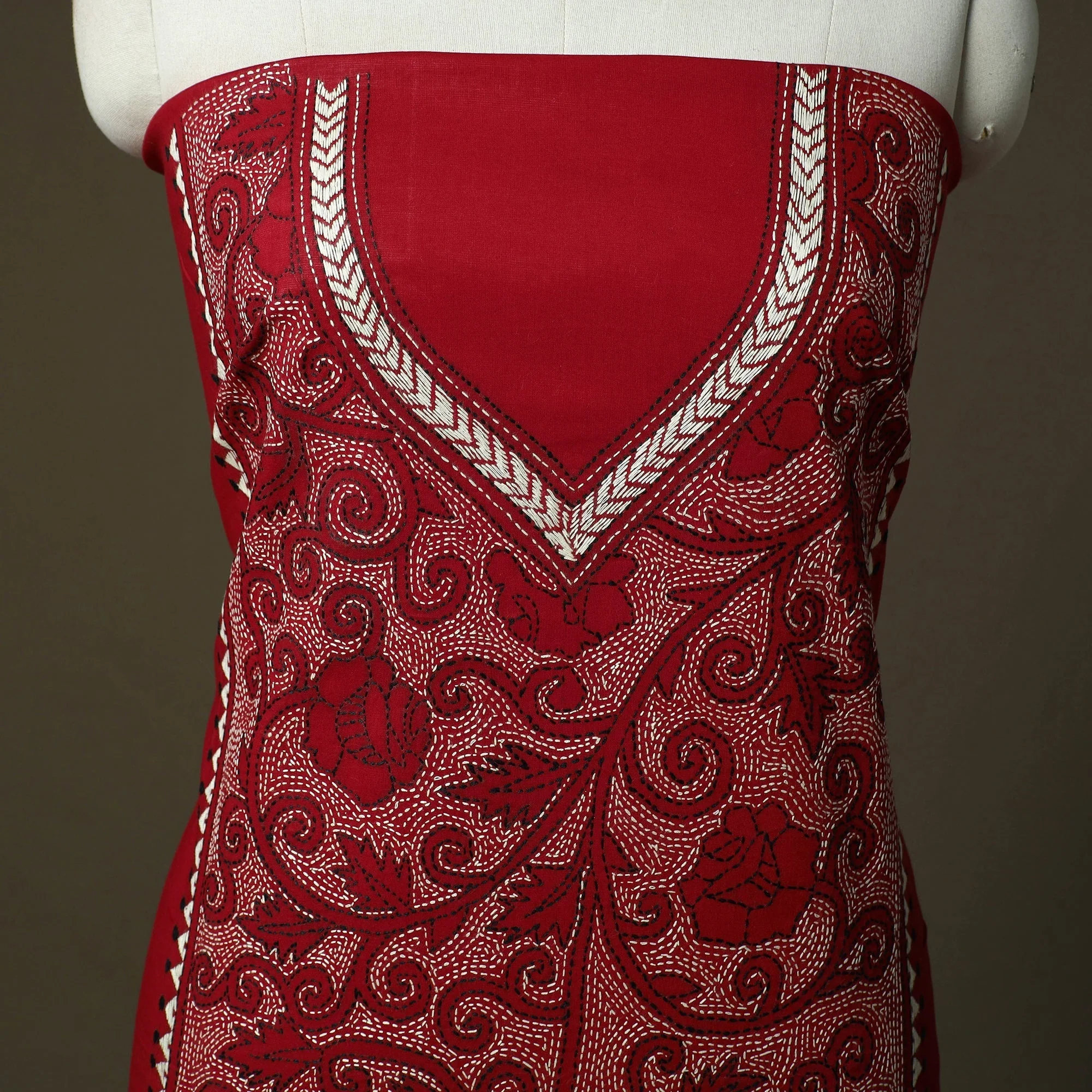 Red - Bengal Kantha Hand Embroidered Cotton Unstitched Kurta Material (2.85M) 59 - Image 3