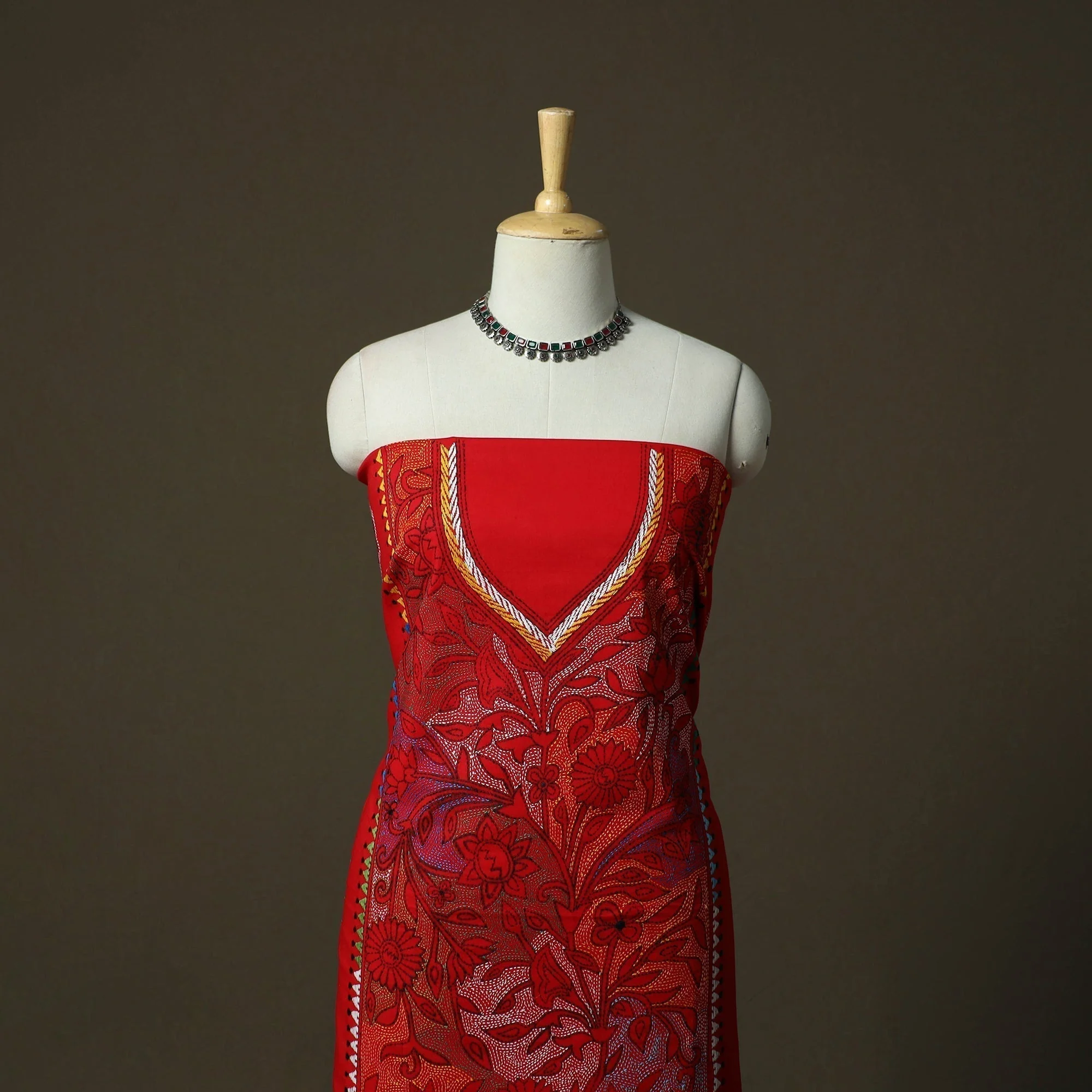 Red - Bengal Kantha Hand Embroidered Cotton Unstitched Kurta Material (2.85M) 62 - Image 2