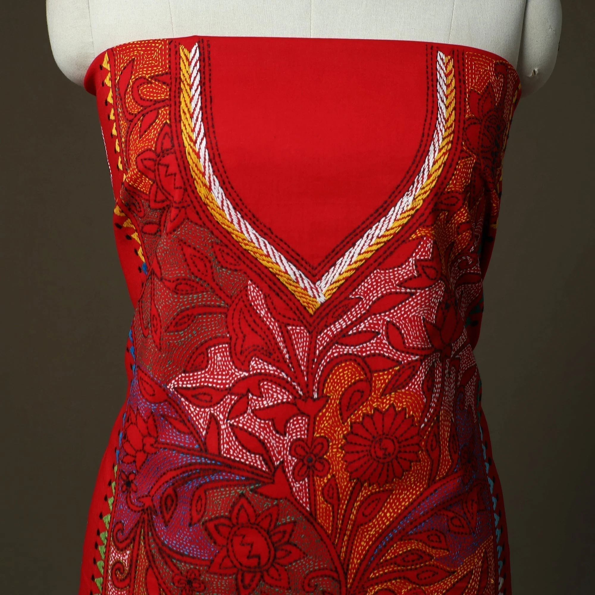 Red - Bengal Kantha Hand Embroidered Cotton Unstitched Kurta Material (2.85M) 62 - Image 3