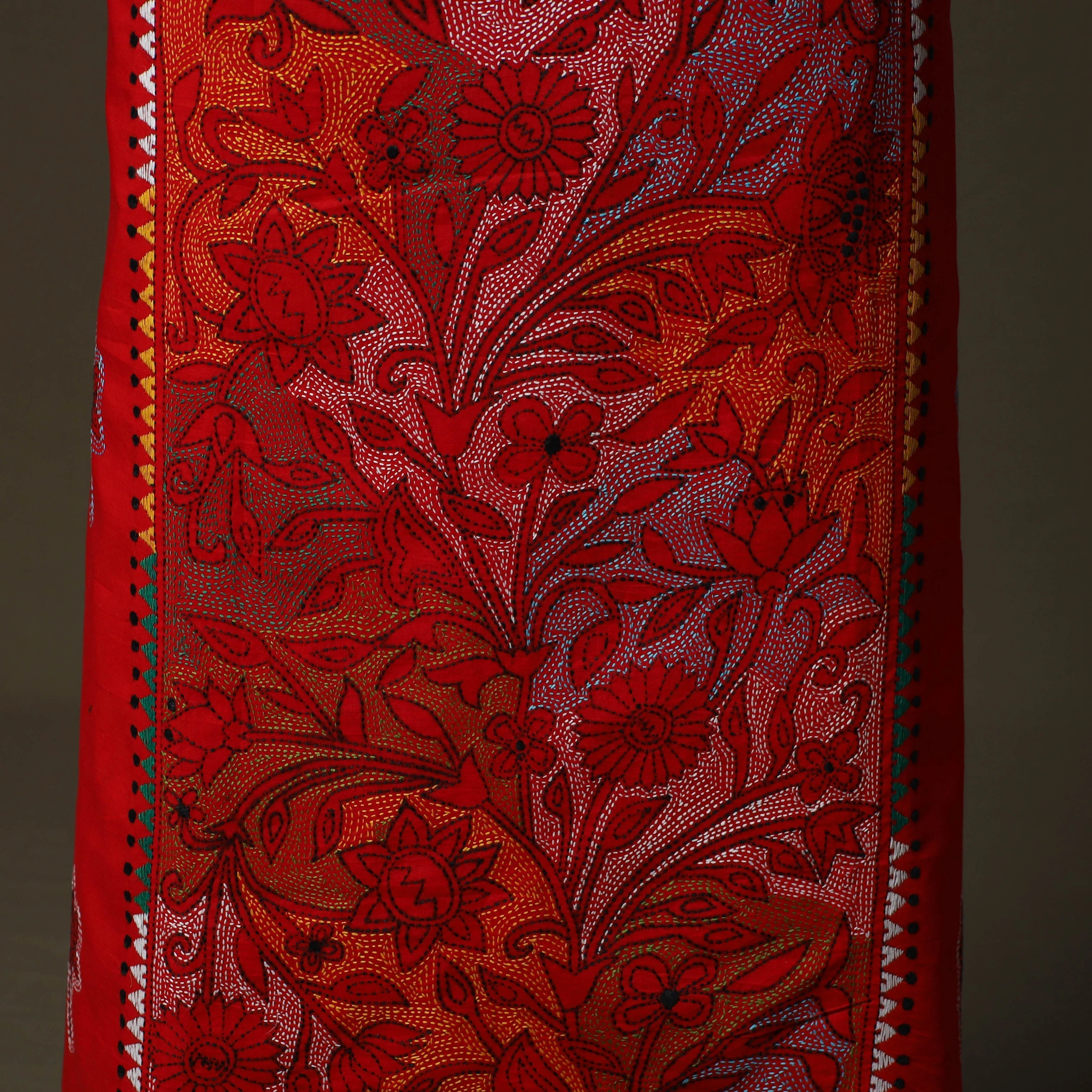 Red - Bengal Kantha Hand Embroidered Cotton Unstitched Kurta Material (2.85M) 62 - Image 4