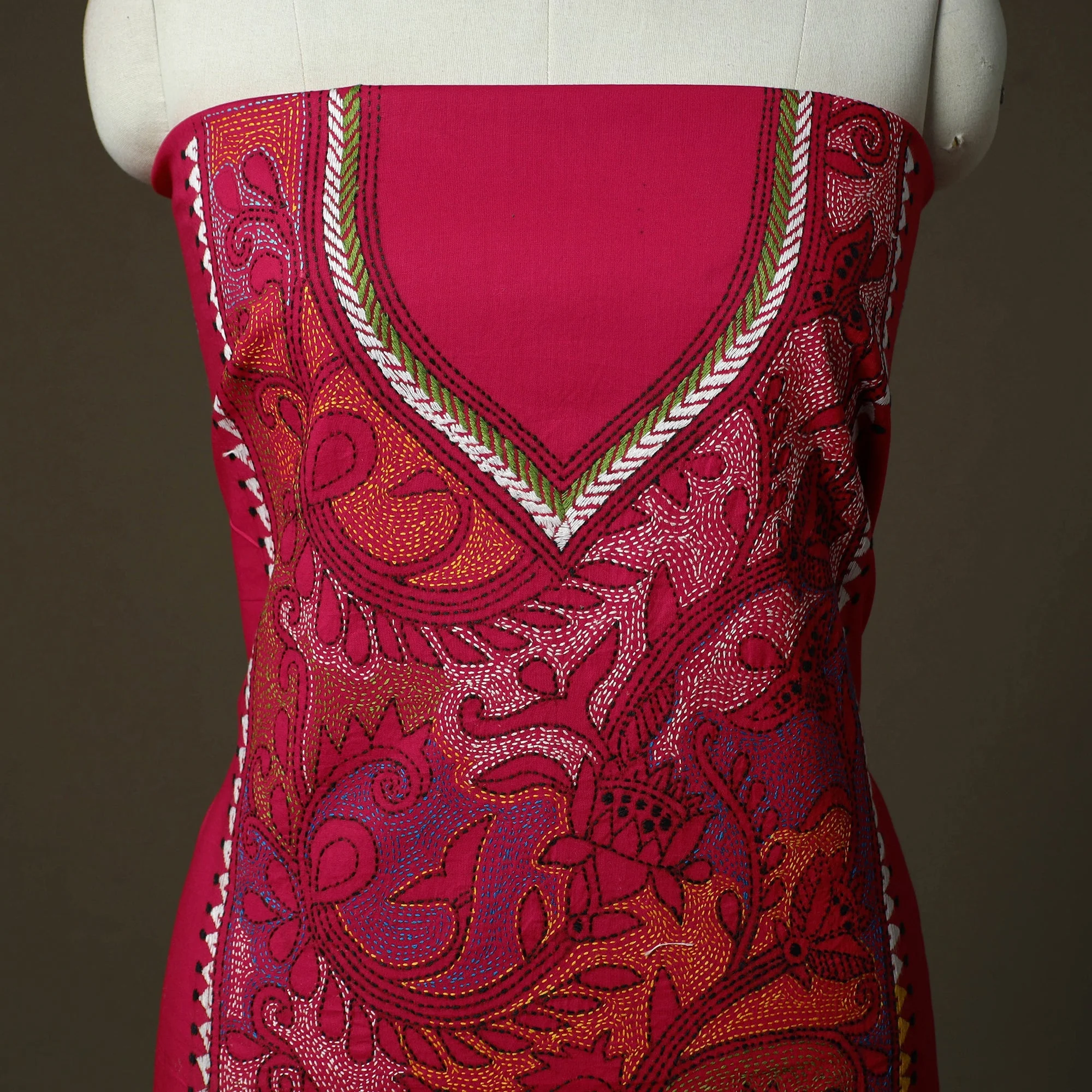 Pink - Bengal Kantha Hand Embroidered Cotton Unstitched Kurta Material (2.85M) 63 - Image 3