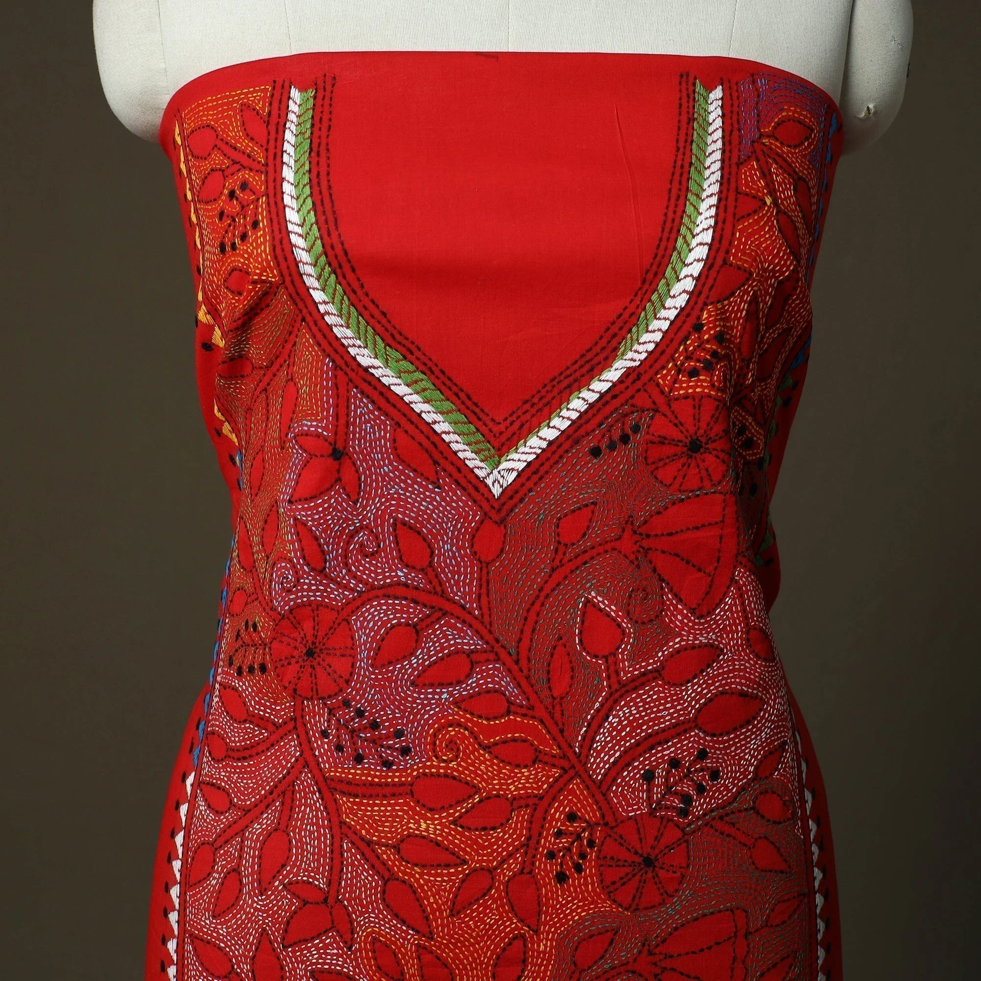 Red - Bengal Kantha Hand Embroidered Cotton Unstitched Kurta Material (2.85M) 67 - Image 3