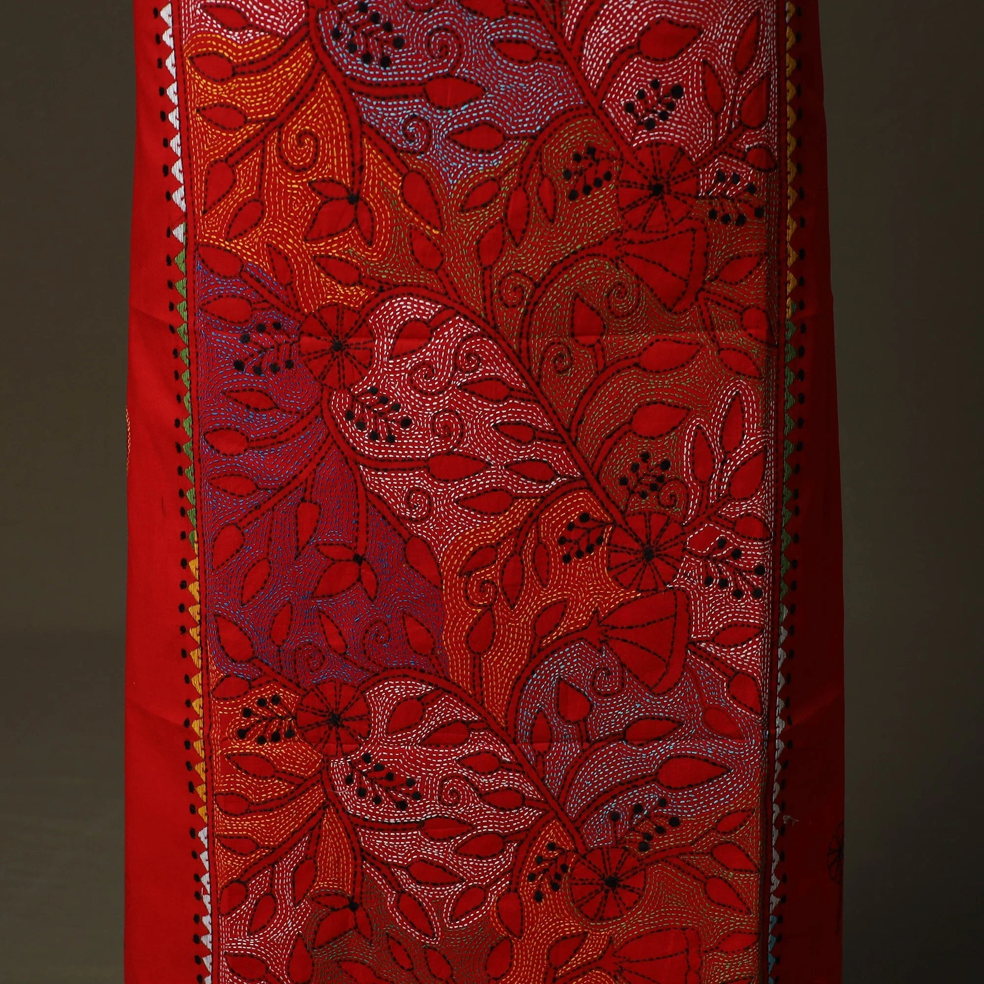 Red - Bengal Kantha Hand Embroidered Cotton Unstitched Kurta Material (2.85M) 67 - Image 4