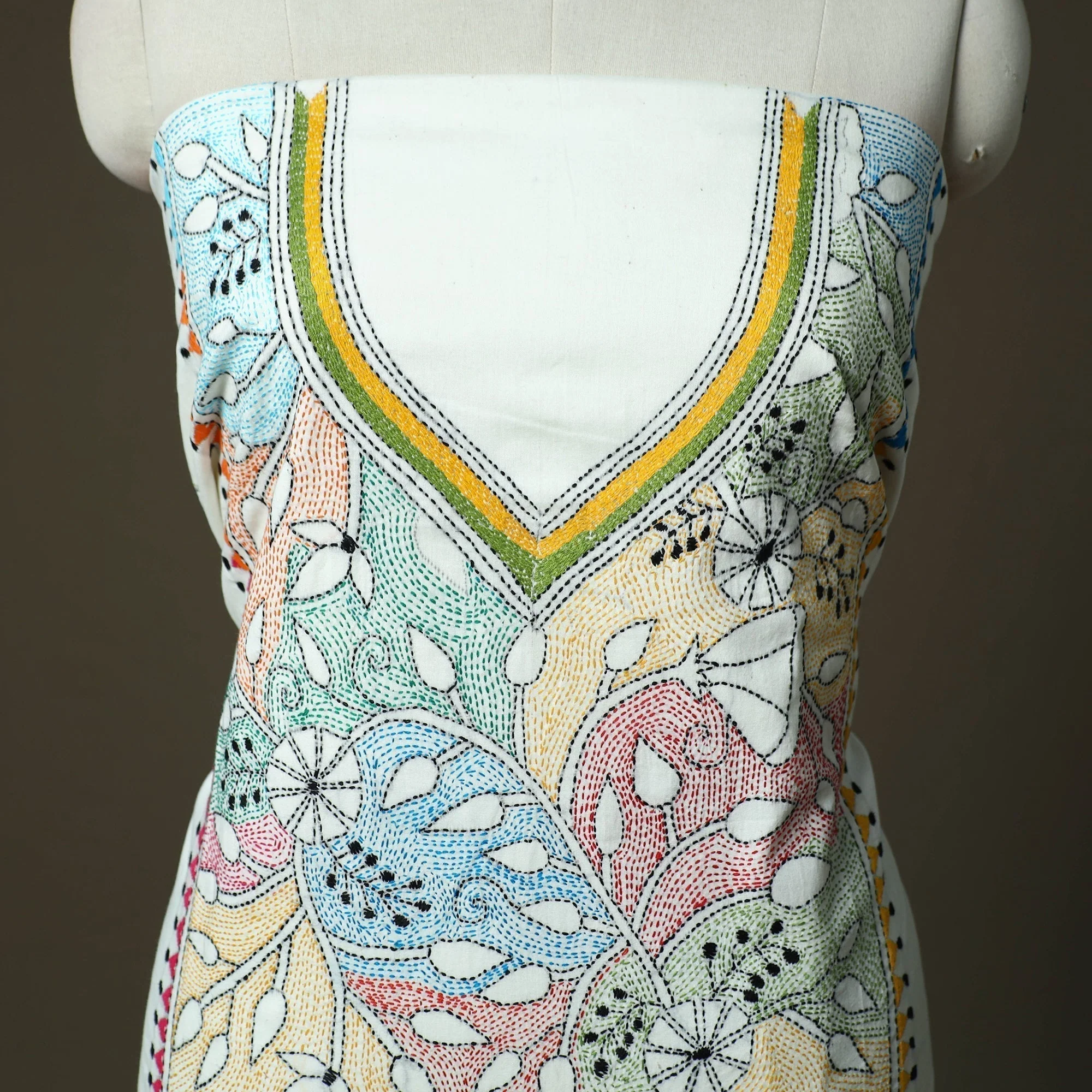 White - Bengal Kantha Hand Embroidered Cotton Unstitched Kurta Material (2.85M) 72 - Image 3