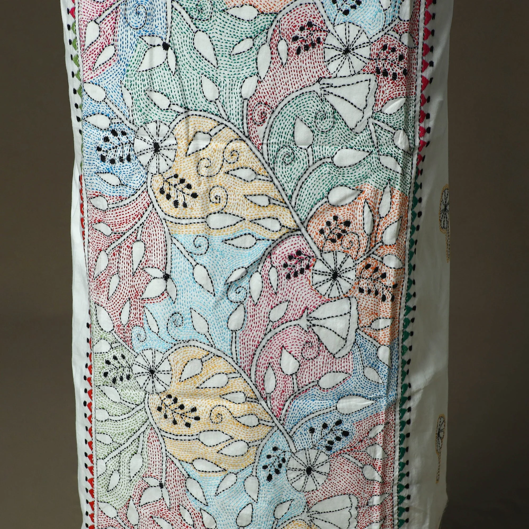 White - Bengal Kantha Hand Embroidered Cotton Unstitched Kurta Material (2.85M) 72 - Image 4