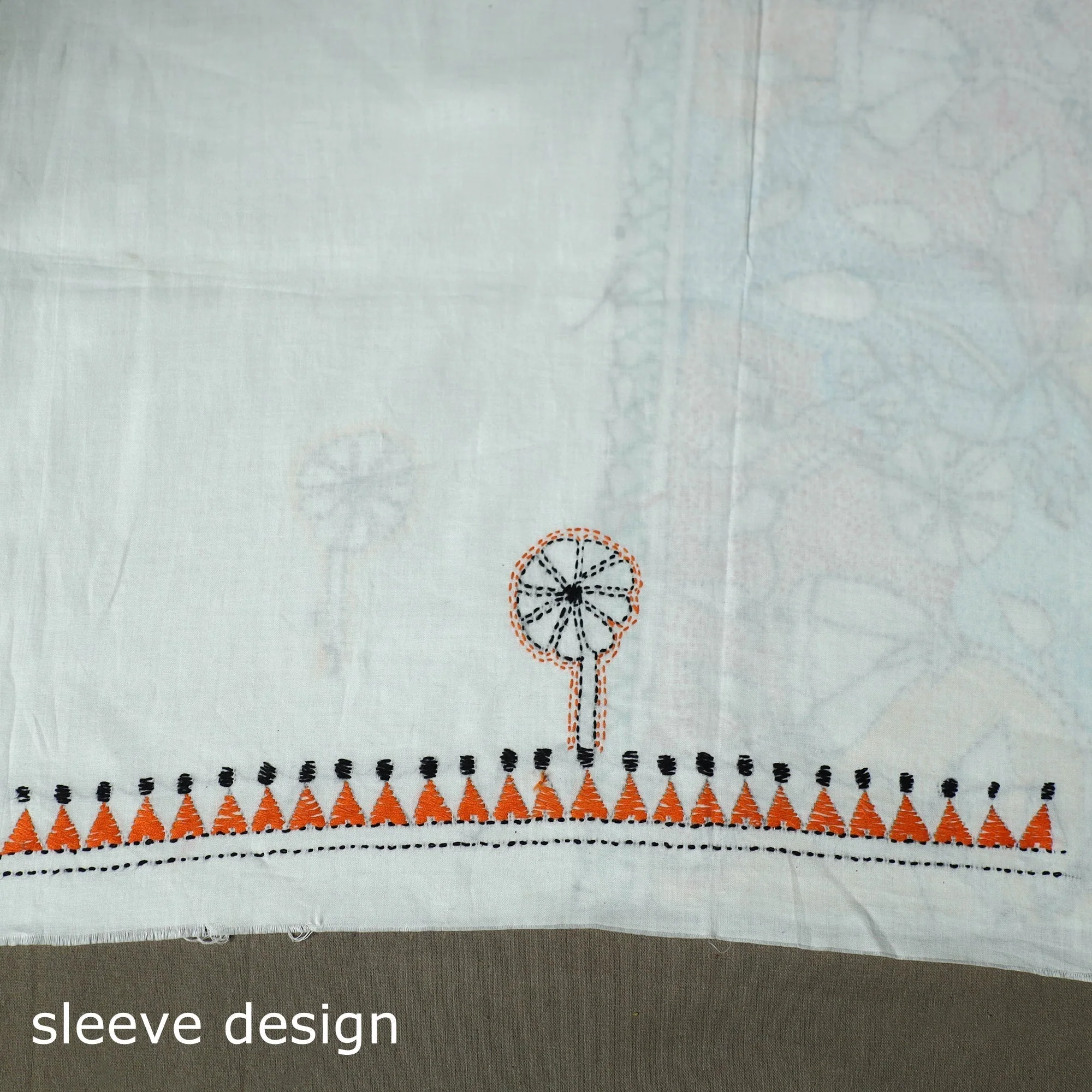 White - Bengal Kantha Hand Embroidered Cotton Unstitched Kurta Material (2.85M) 72 - Image 5