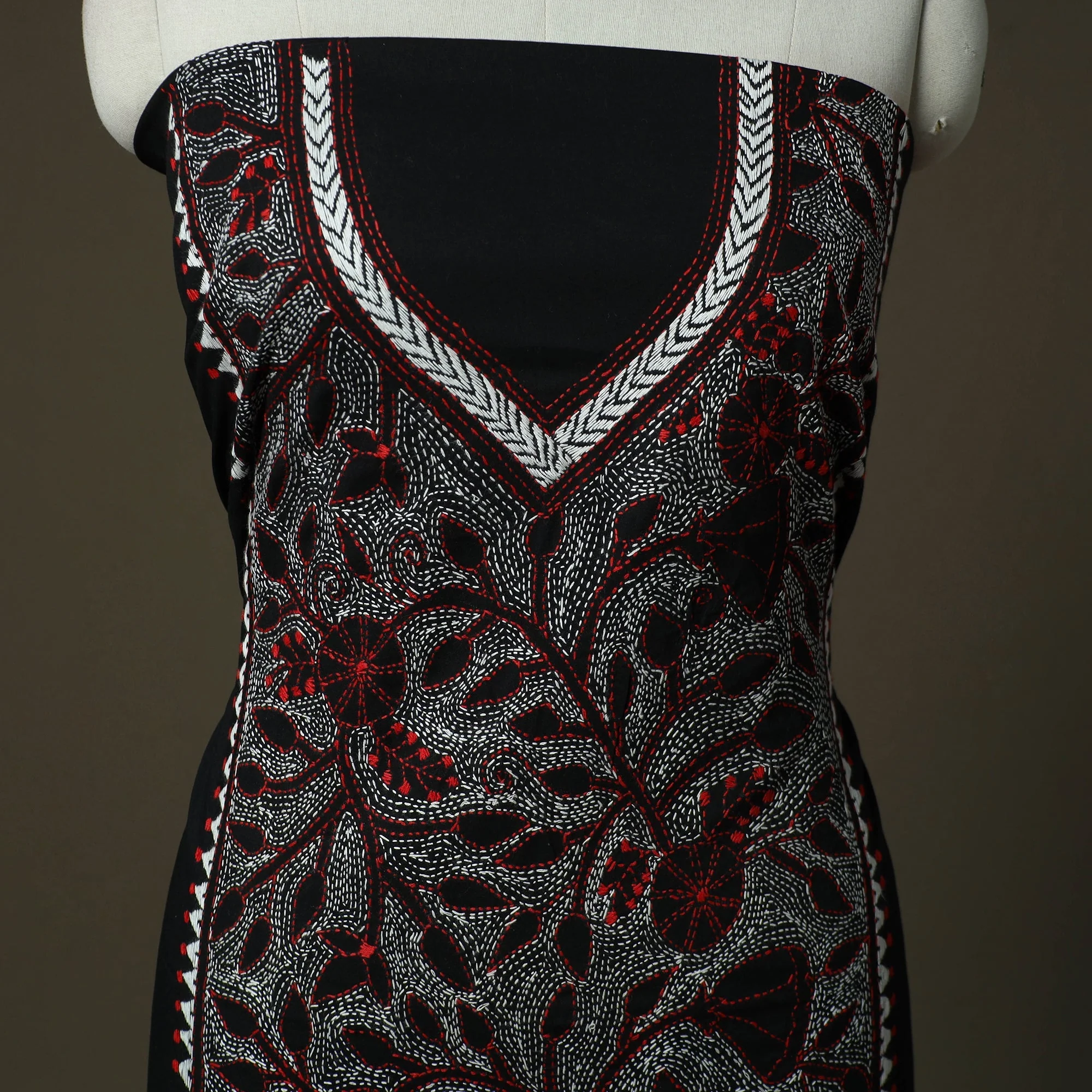 Black - Bengal Kantha Hand Embroidered Cotton Unstitched Kurta Material (2.85M) 87 - Image 3