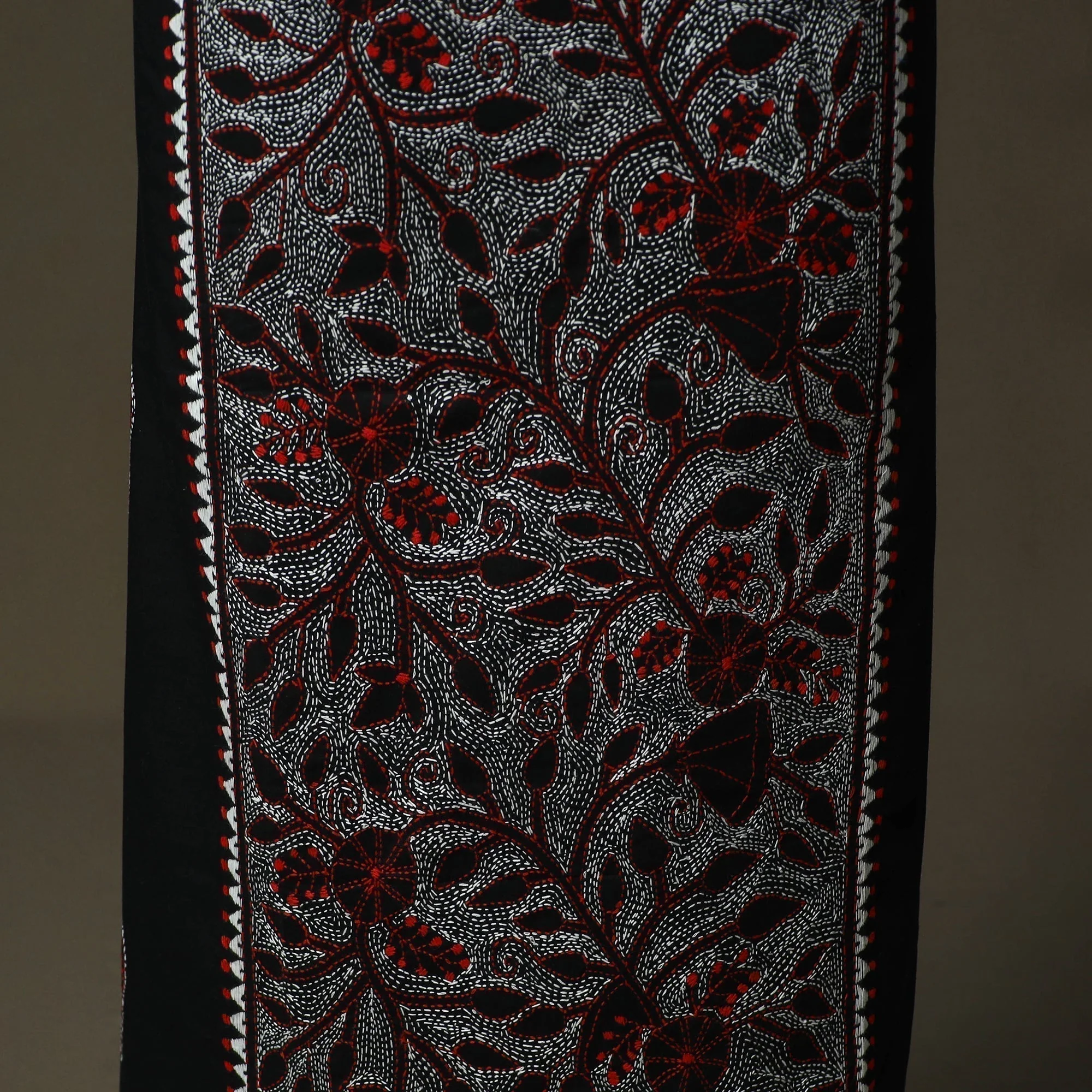 Black - Bengal Kantha Hand Embroidered Cotton Unstitched Kurta Material (2.85M) 87 - Image 4