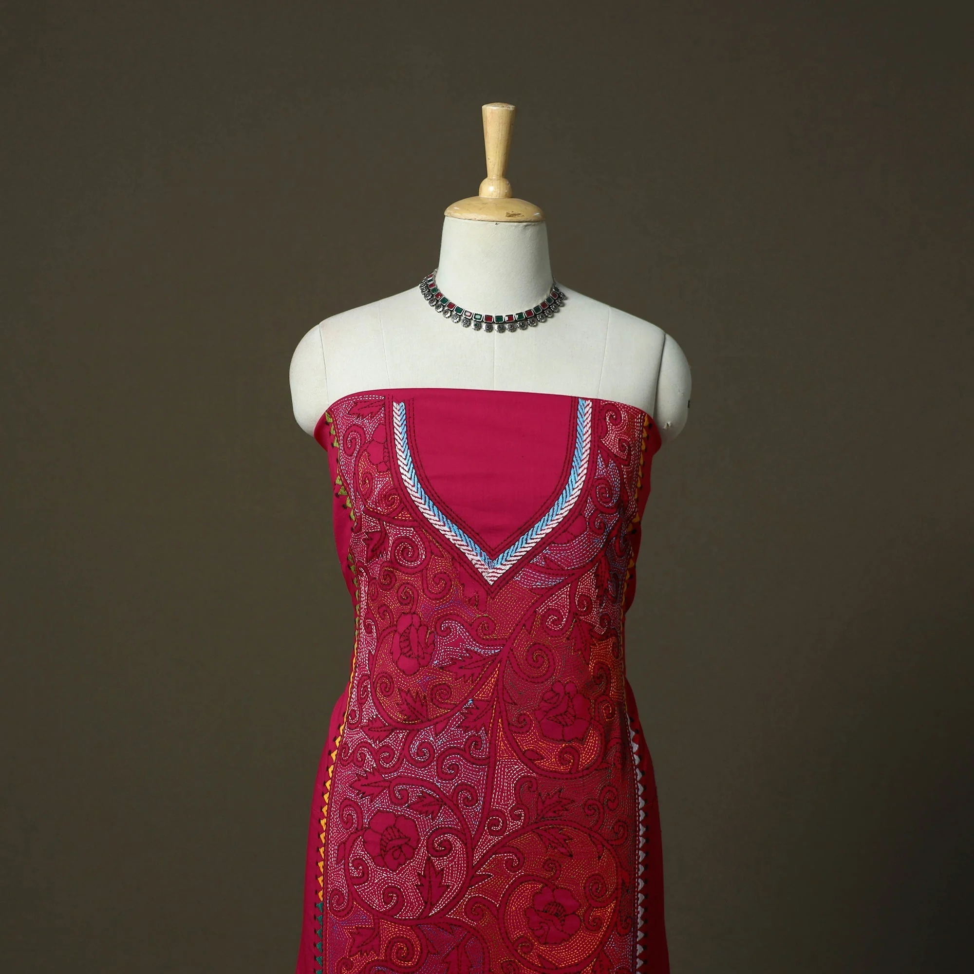 Pink - Bengal Kantha Hand Embroidered Cotton Unstitched Kurta Material (2.85M) 88 - Image 2