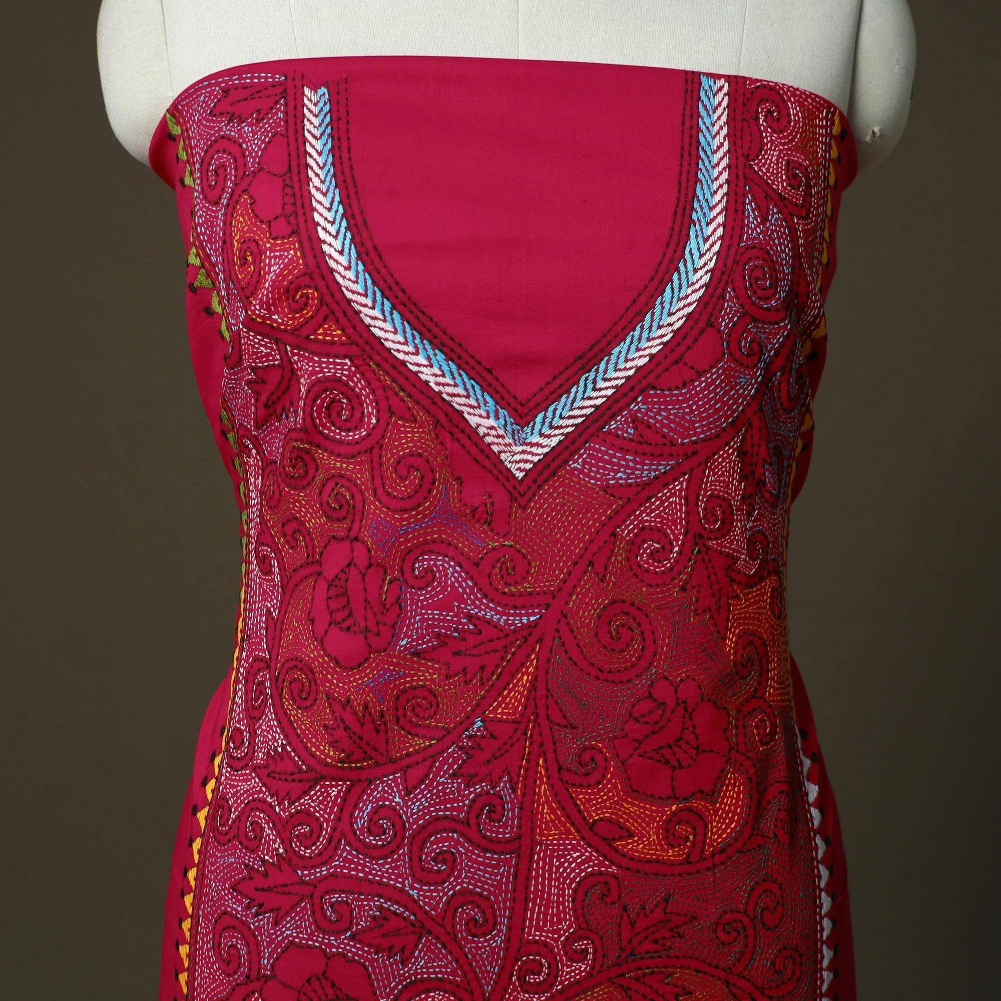 Pink - Bengal Kantha Hand Embroidered Cotton Unstitched Kurta Material (2.85M) 88 - Image 3