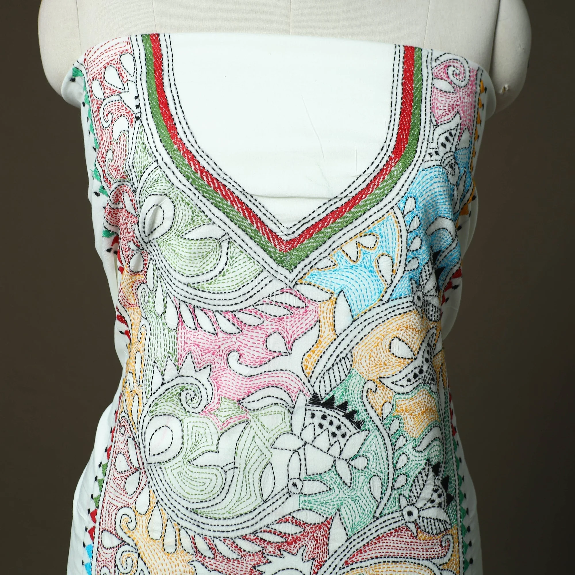 White - Bengal Kantha Hand Embroidered Cotton Unstitched Kurta Material (2.85M) 90 - Image 3