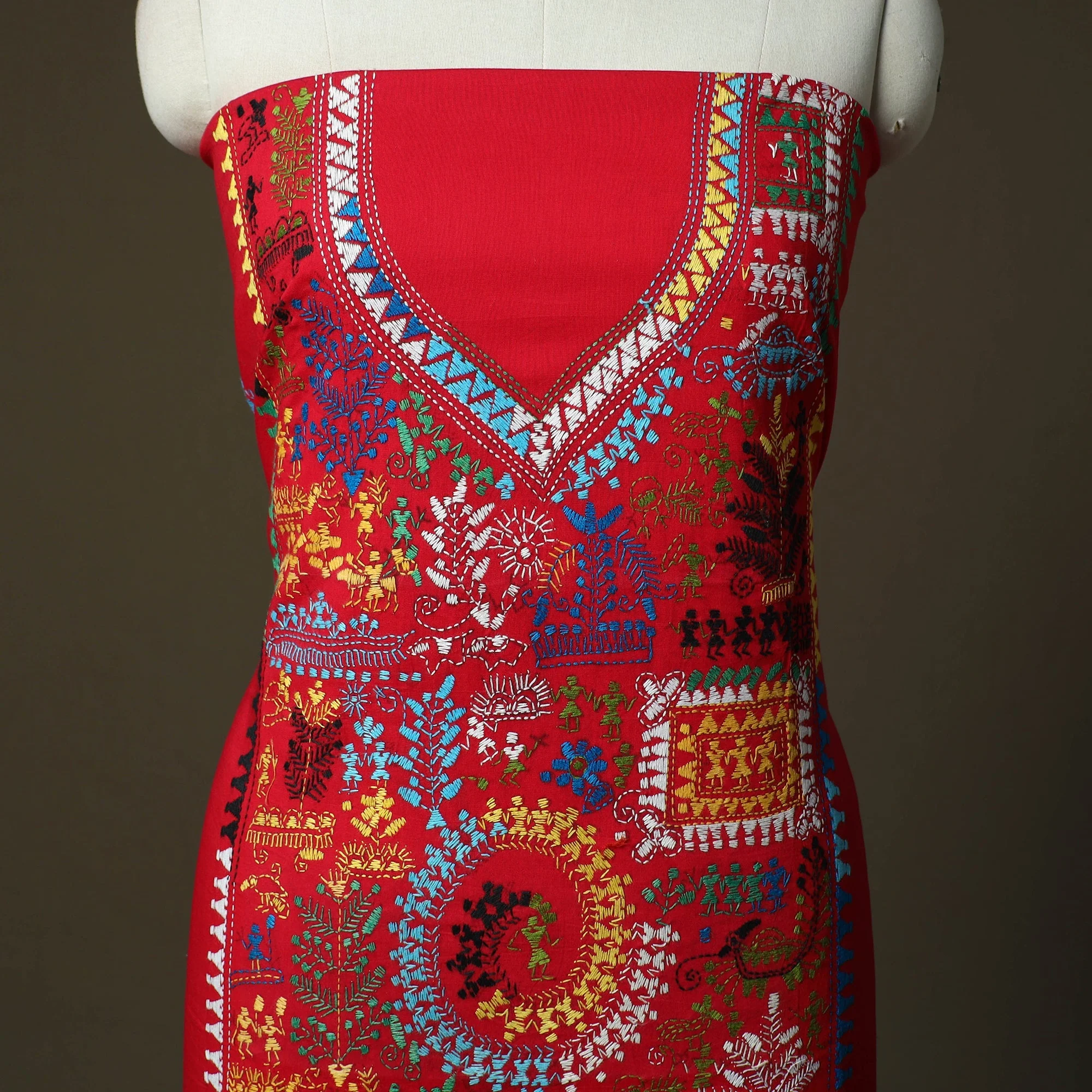 Red - Bengal Kantha Hand Embroidered Cotton Unstitched Kurta Material (2.8M) 09 - Image 3