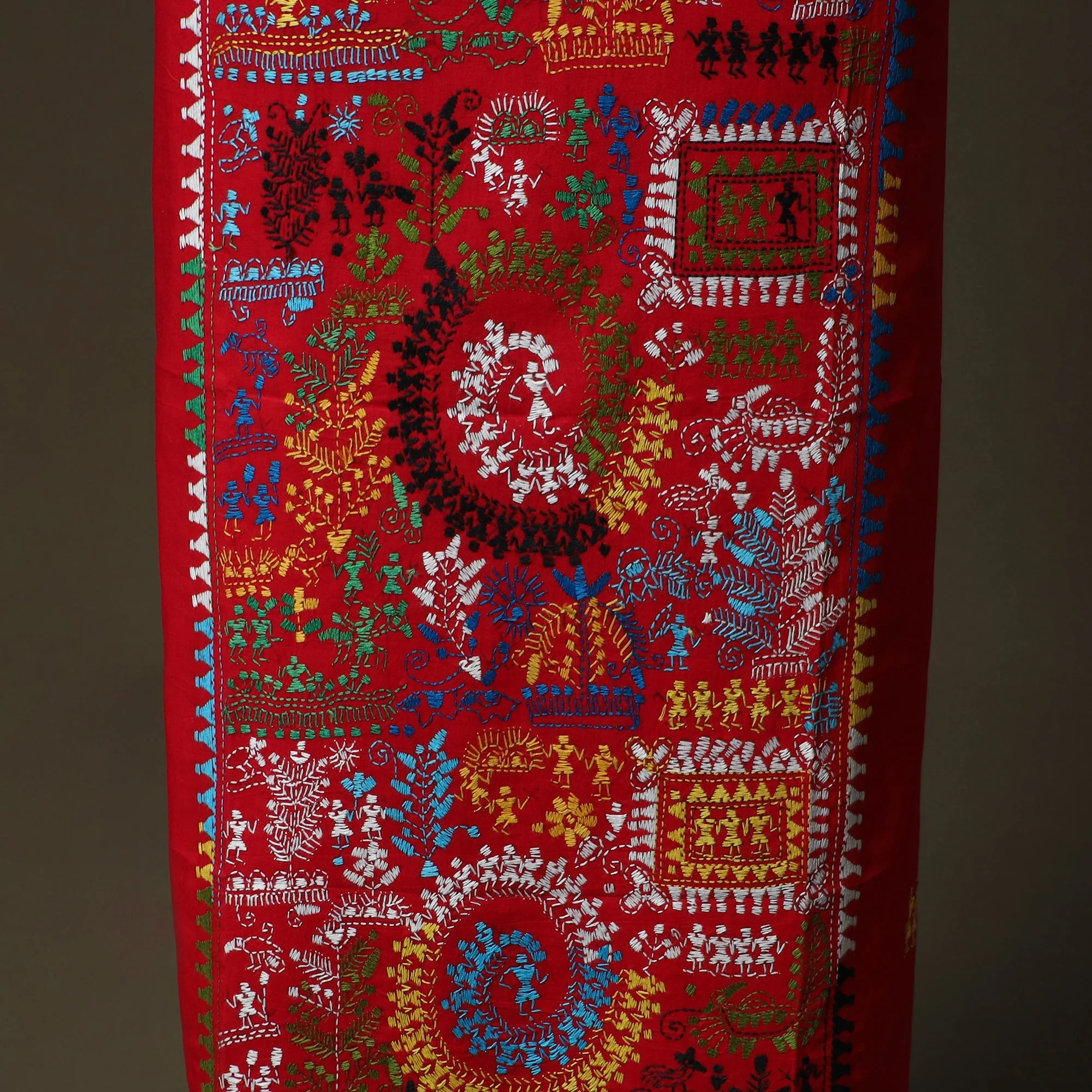 Red - Bengal Kantha Hand Embroidered Cotton Unstitched Kurta Material (2.8M) 09 - Image 4