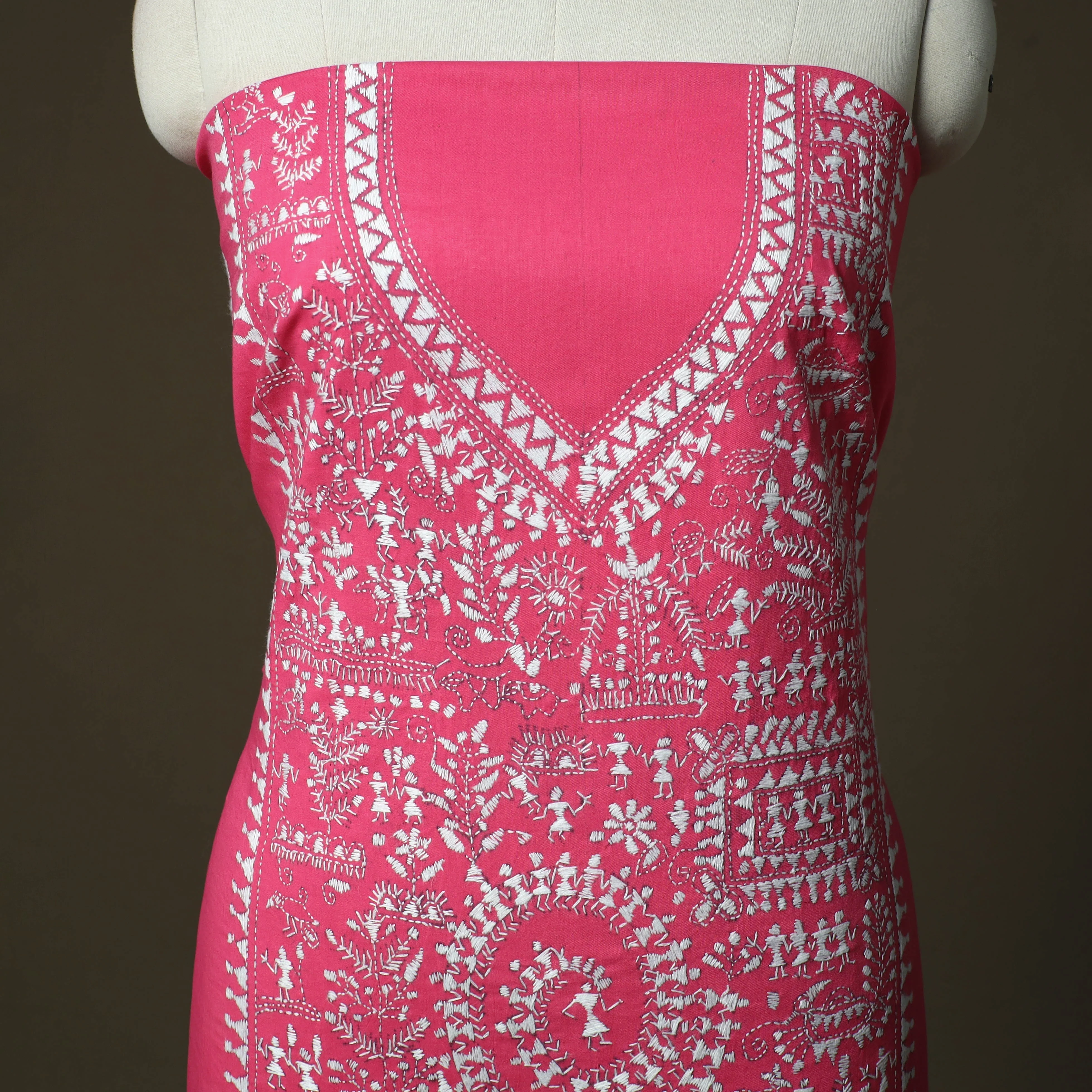 Pink - Bengal Kantha Hand Embroidered Cotton Unstitched Kurta Material (2.8M) 10 - Image 3