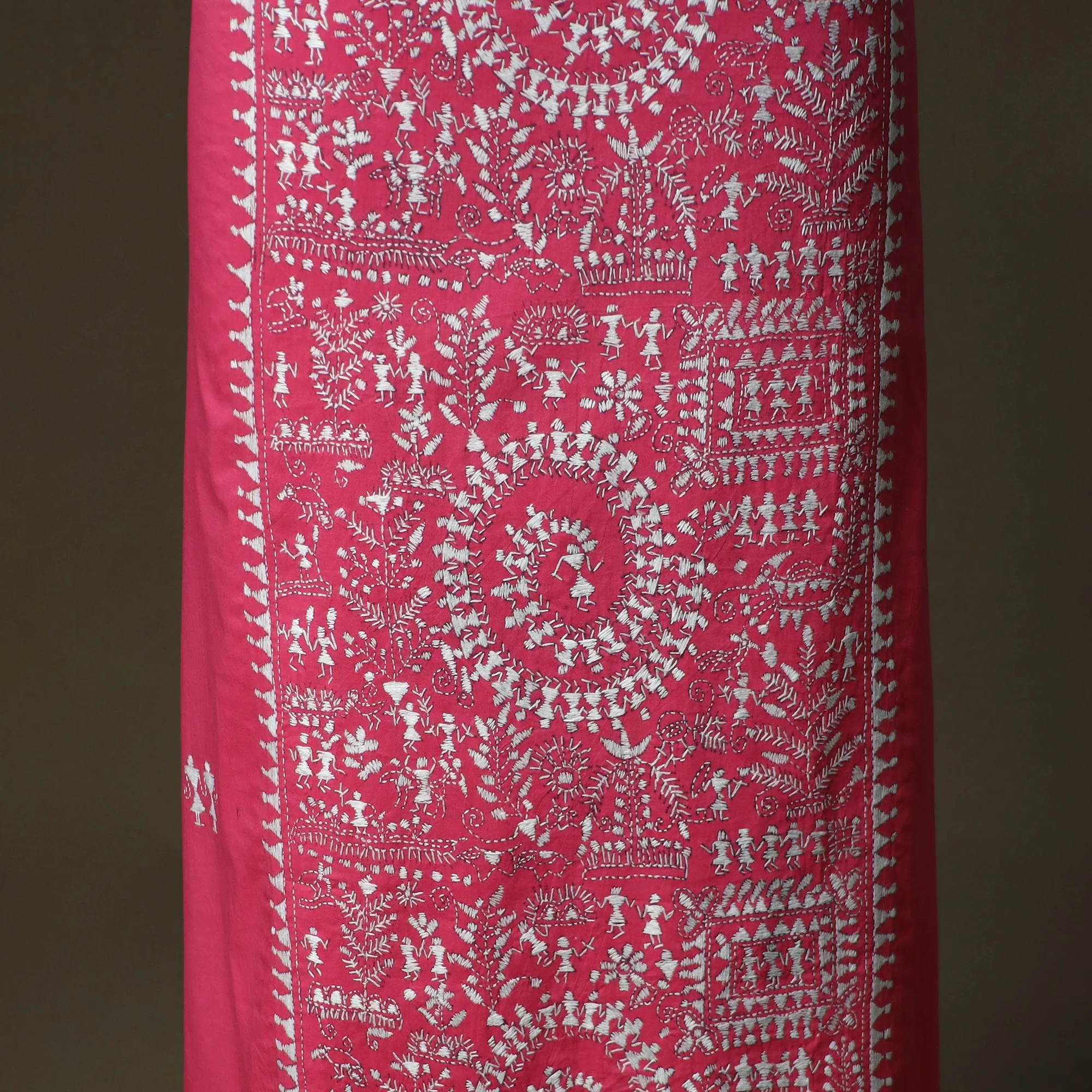 Pink - Bengal Kantha Hand Embroidered Cotton Unstitched Kurta Material (2.8M) 10 - Image 4