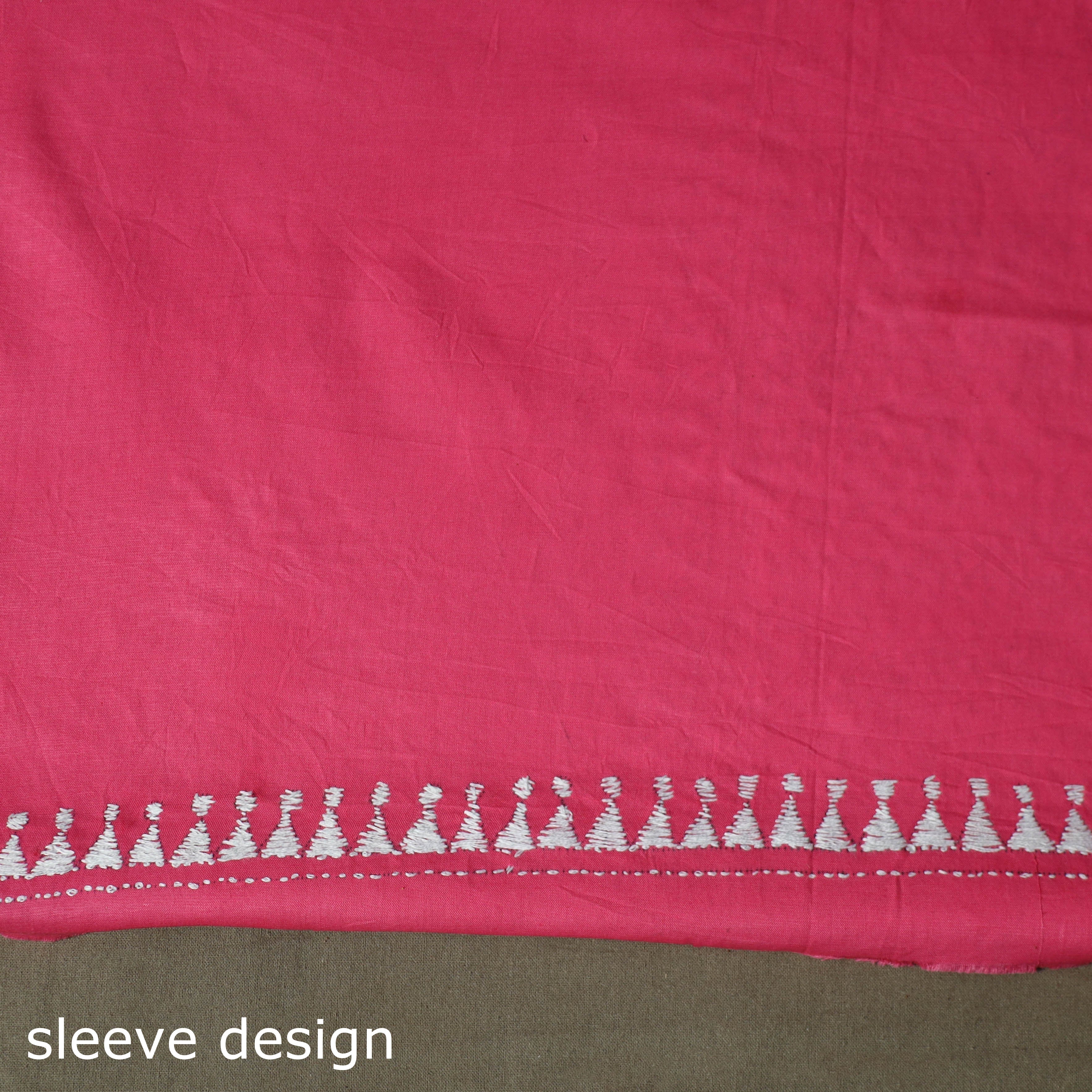 Pink - Bengal Kantha Hand Embroidered Cotton Unstitched Kurta Material (2.8M) 10 - Image 5