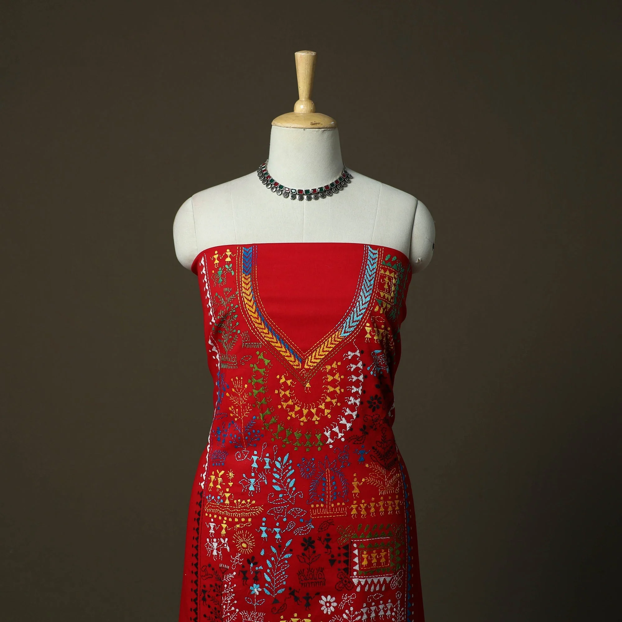Red - Bengal Kantha Hand Embroidered Cotton Unstitched Kurta Material (2.8M) 12 - Image 2