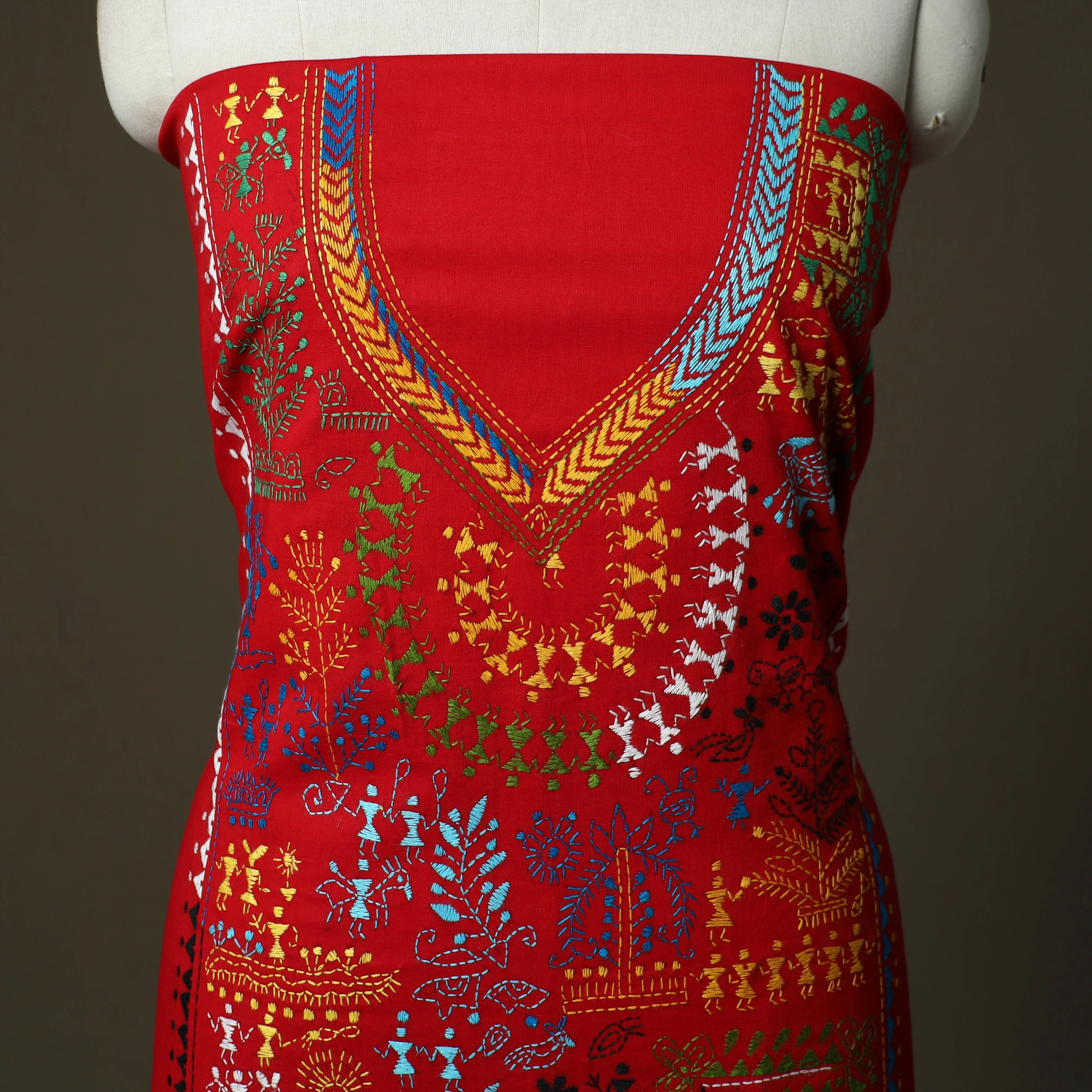 Red - Bengal Kantha Hand Embroidered Cotton Unstitched Kurta Material (2.8M) 12 - Image 3