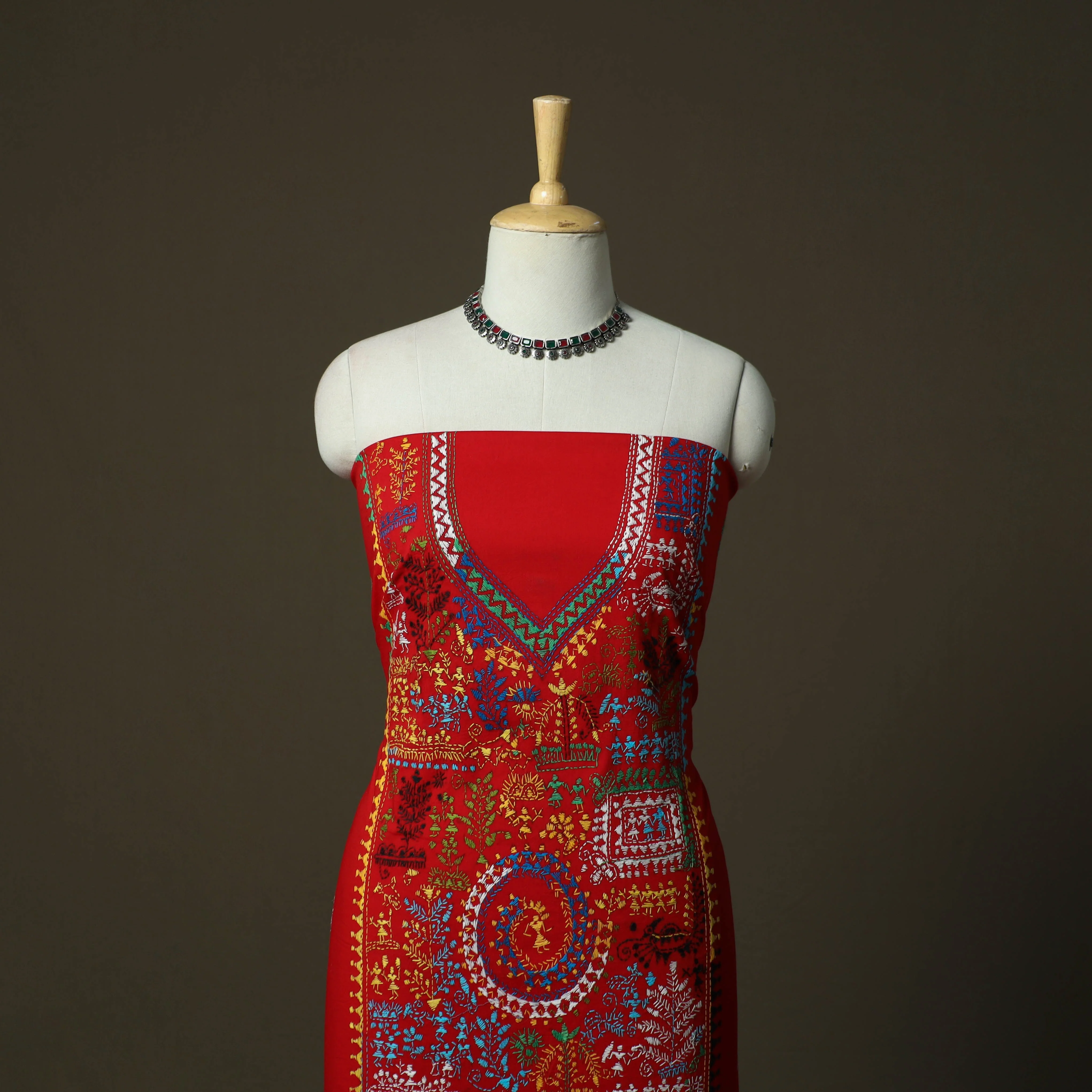 Red - Bengal Kantha Hand Embroidered Cotton Unstitched Kurta Material (2.8M) 13 - Image 2