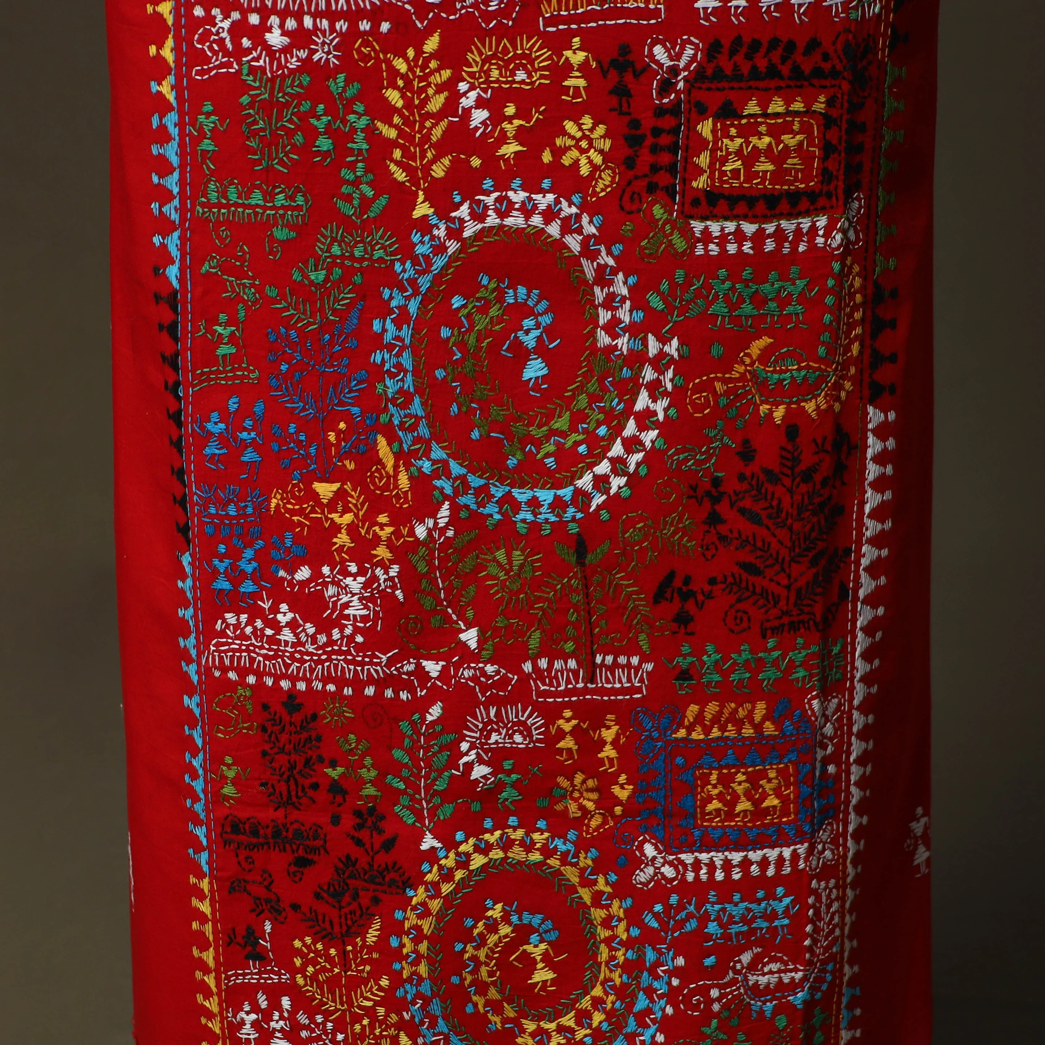 Red - Bengal Kantha Hand Embroidered Cotton Unstitched Kurta Material (2.8M) 13 - Image 4