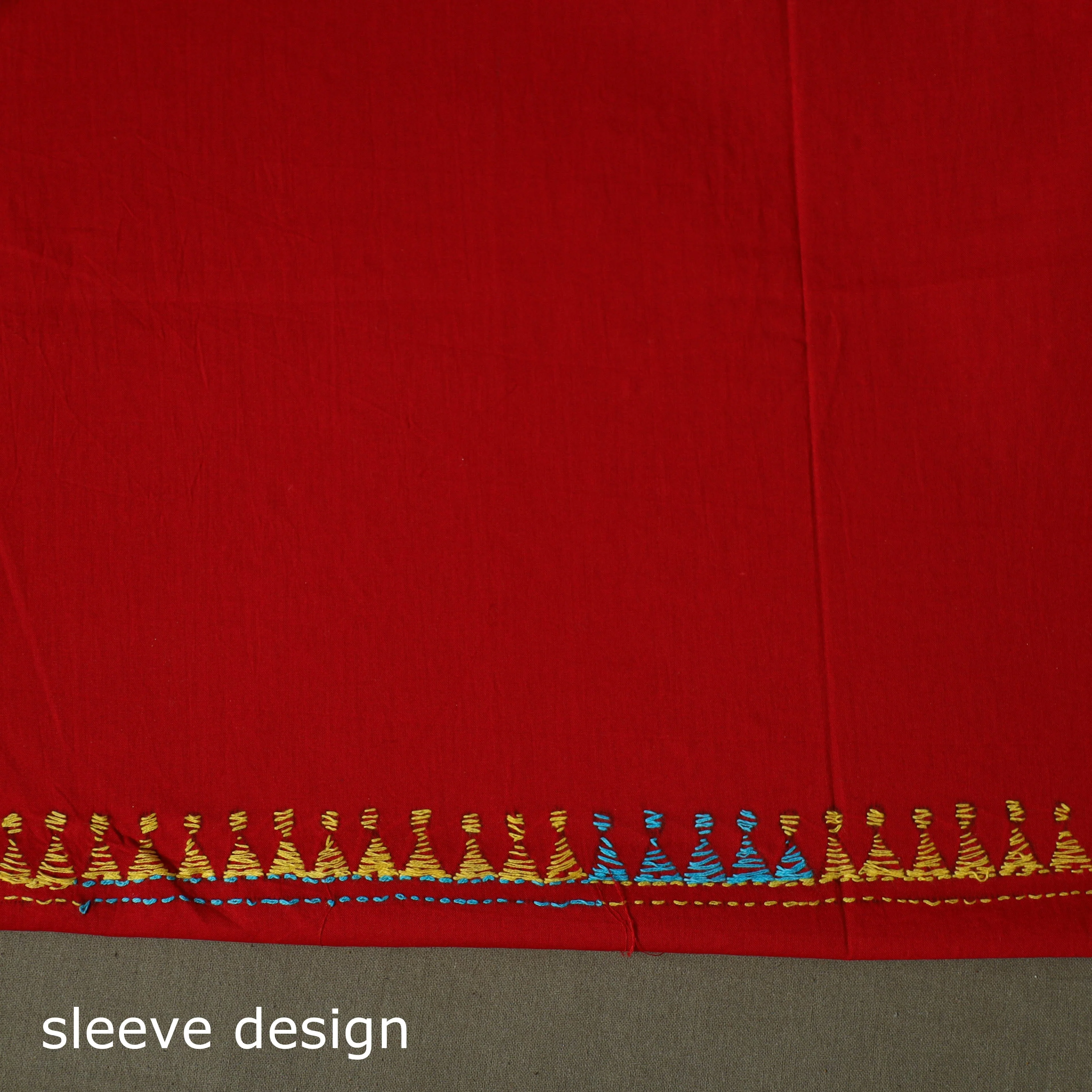 Red - Bengal Kantha Hand Embroidered Cotton Unstitched Kurta Material (2.8M) 13 - Image 5