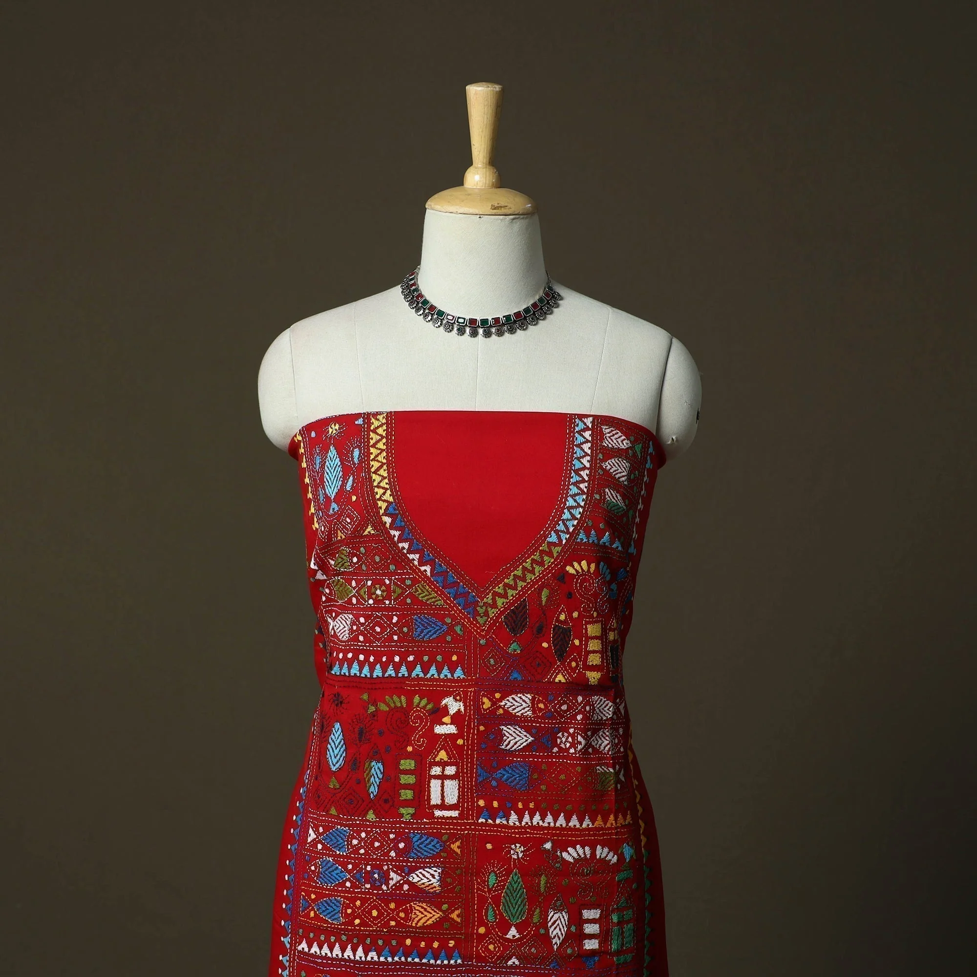 Red - Bengal Kantha Hand Embroidered Cotton Unstitched Kurta Material (2.8M) 16 - Image 2