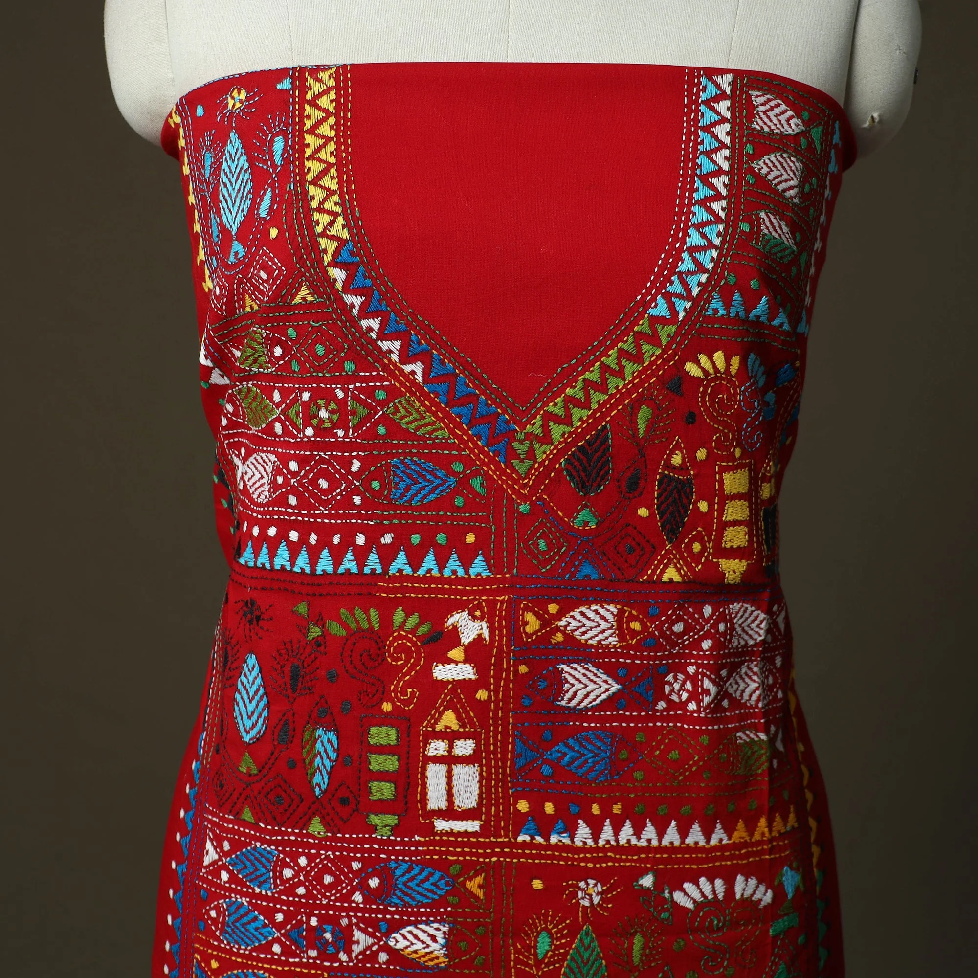 Red - Bengal Kantha Hand Embroidered Cotton Unstitched Kurta Material (2.8M) 16 - Image 3