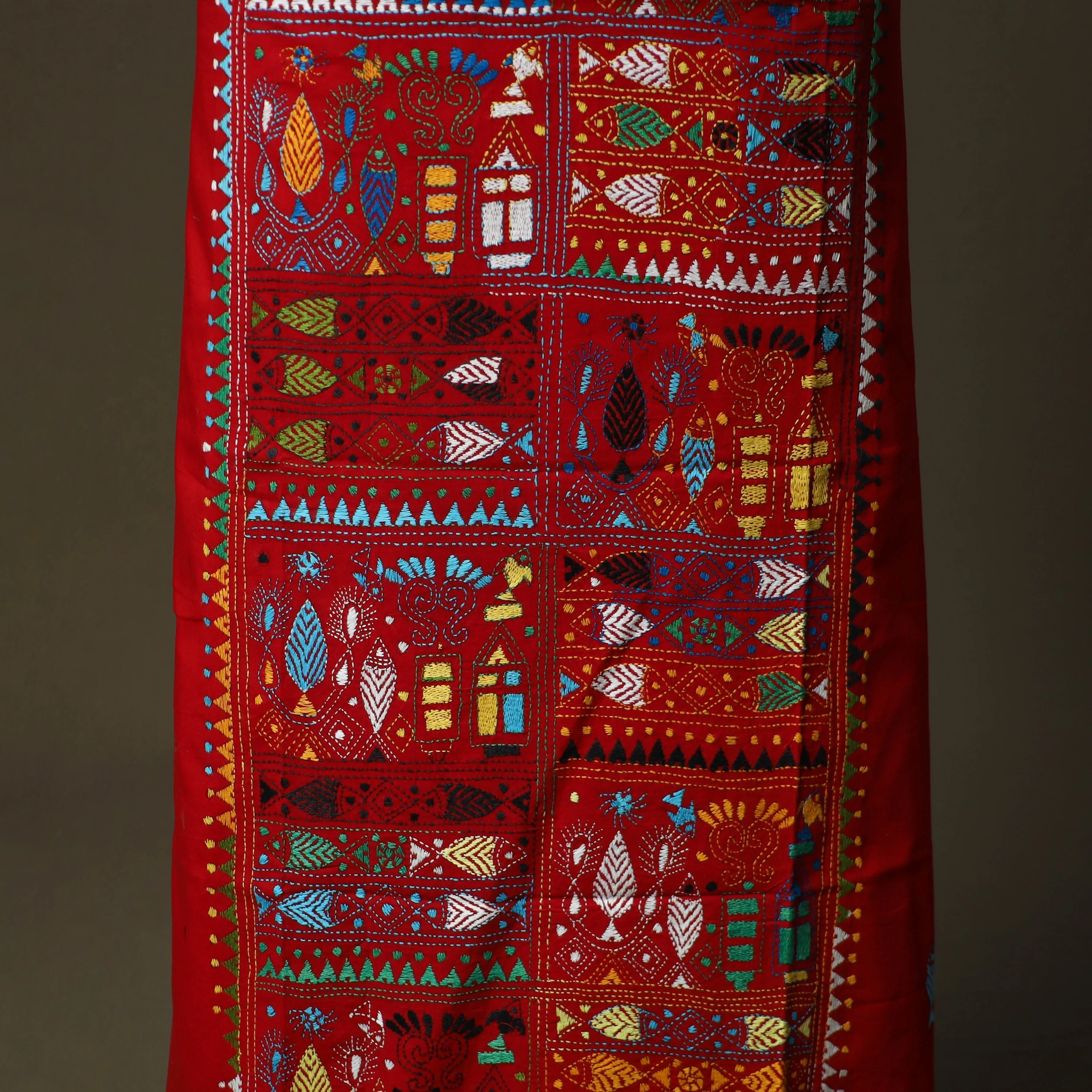 Red - Bengal Kantha Hand Embroidered Cotton Unstitched Kurta Material (2.8M) 16 - Image 4
