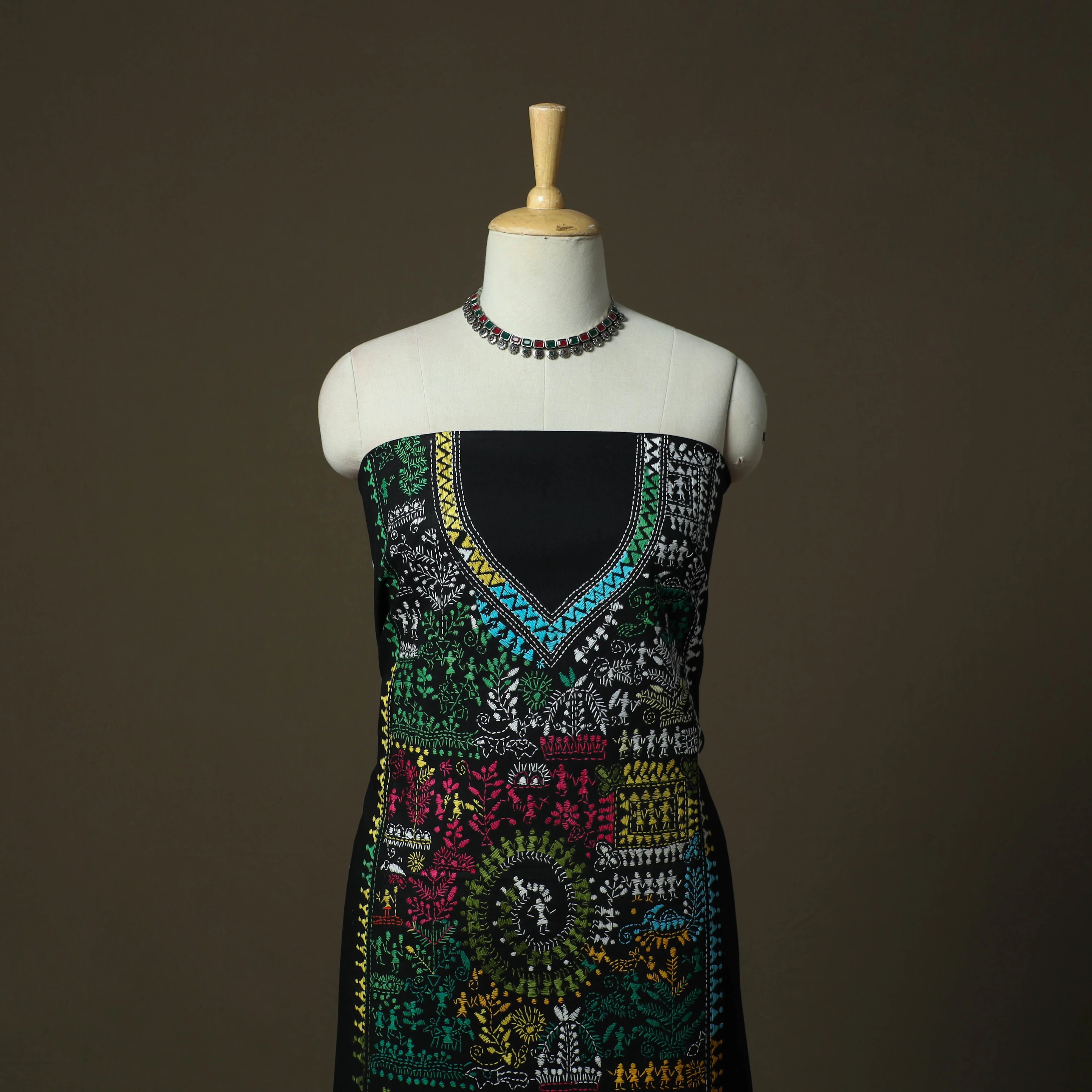 Black - Bengal Kantha Hand Embroidered Cotton Unstitched Kurta Material (2.8M) 17 - Image 2