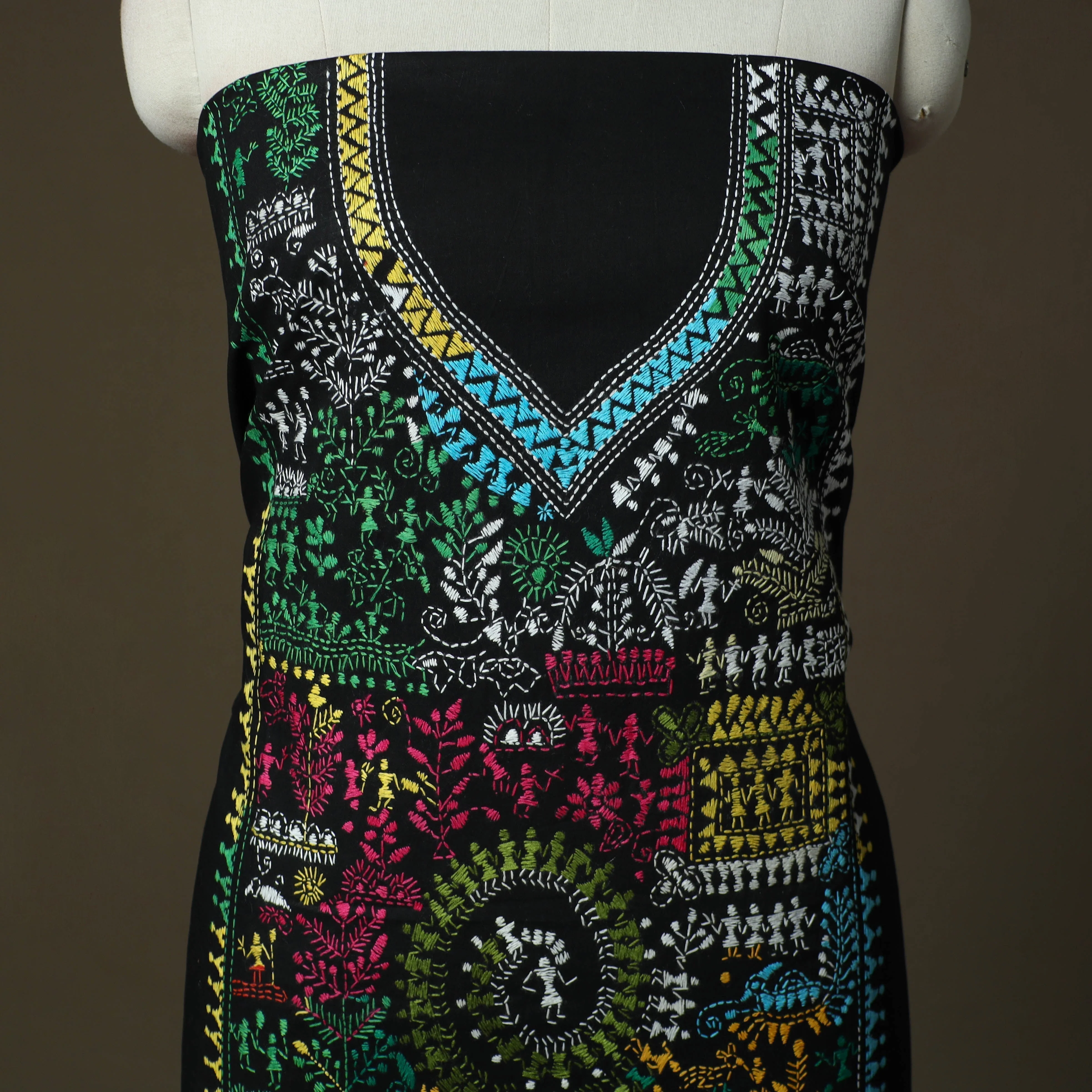 Black - Bengal Kantha Hand Embroidered Cotton Unstitched Kurta Material (2.8M) 17 - Image 3