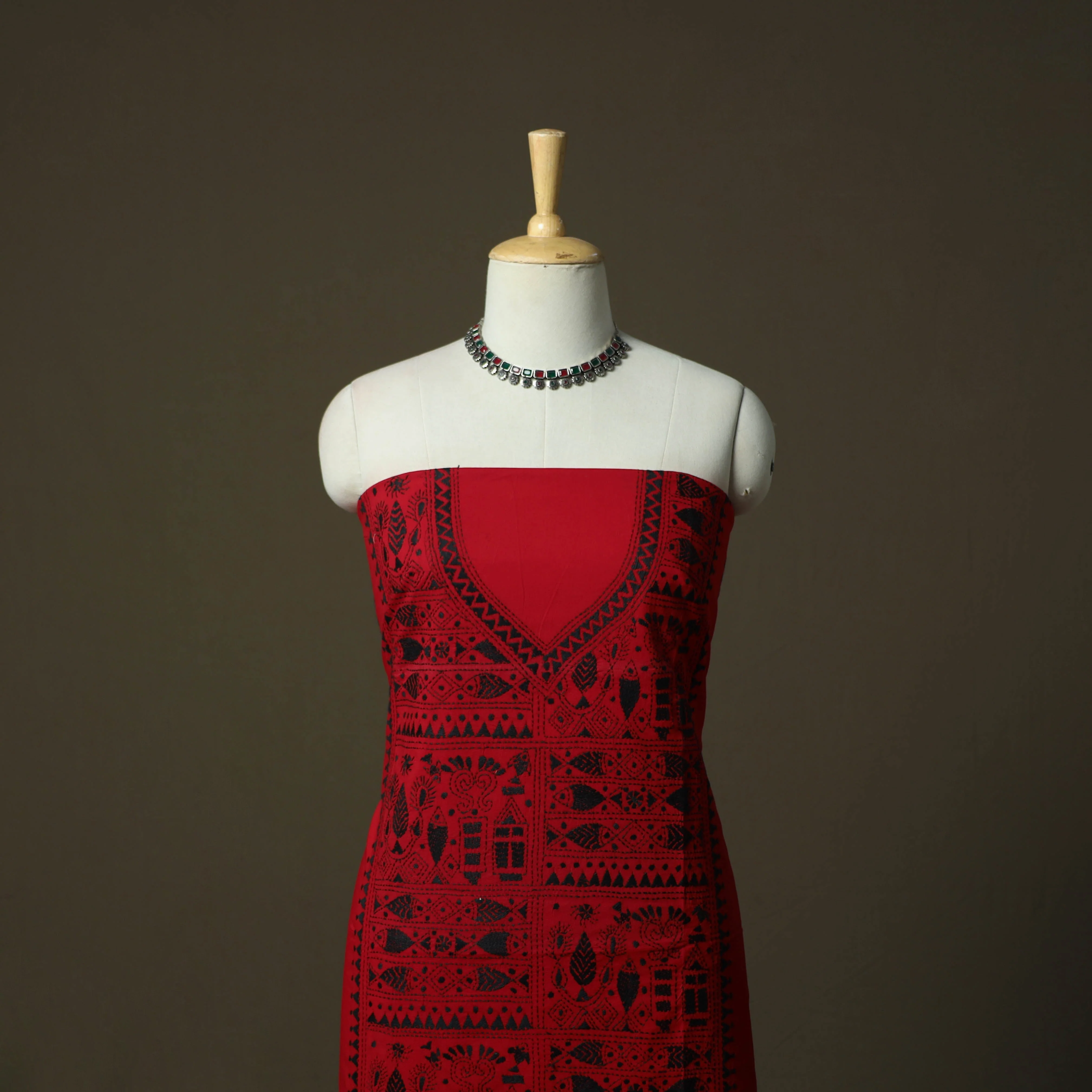 Red - Bengal Kantha Hand Embroidered Cotton Unstitched Kurta Material (2.8M) 18 - Image 2