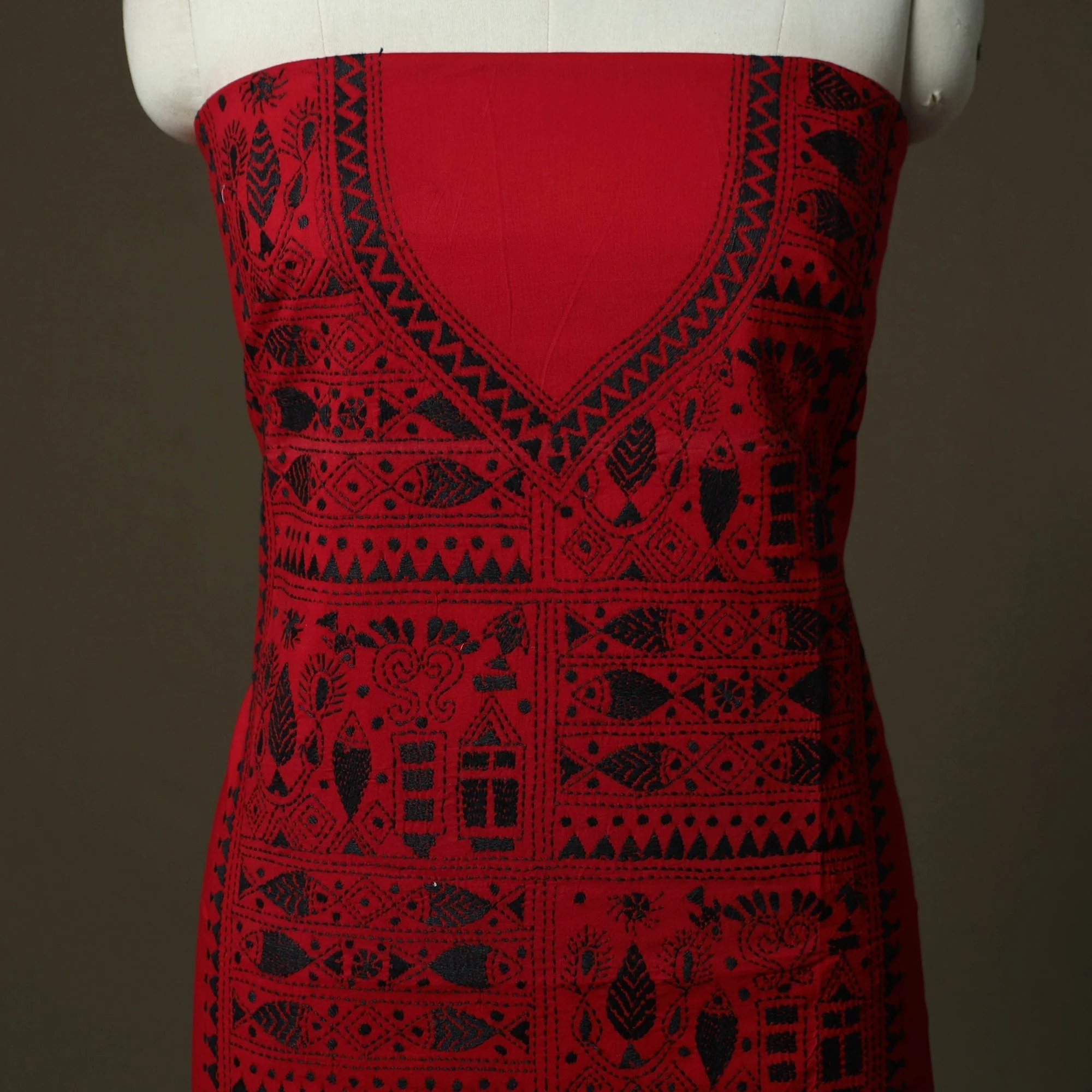 Red - Bengal Kantha Hand Embroidered Cotton Unstitched Kurta Material (2.8M) 18 - Image 3